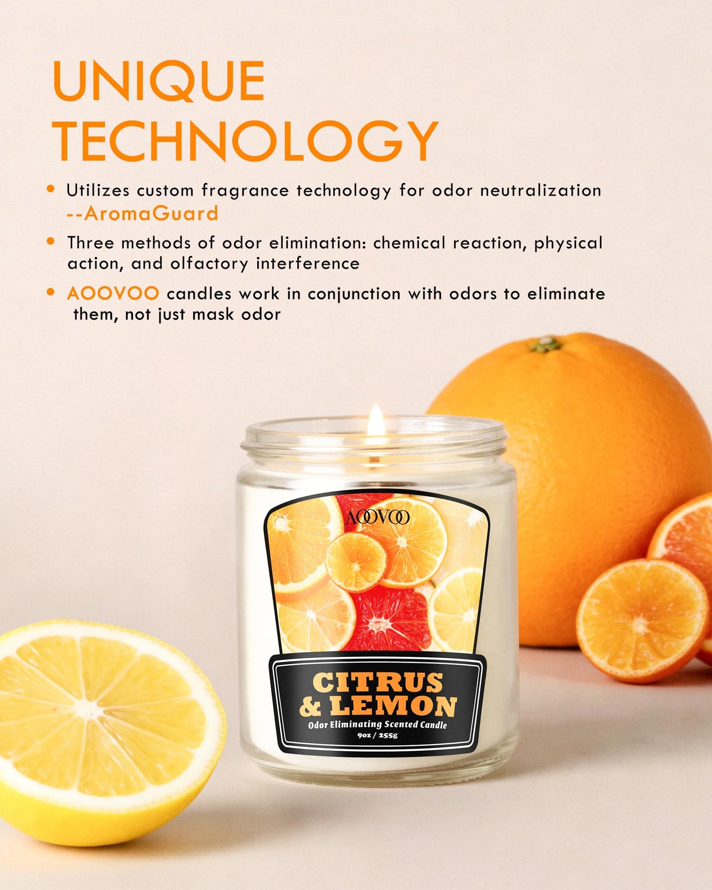 AOOVOO Citrus Lemon Odor Eliminating Candle - 9 oz Non Toxic Highly Fragranced Air Freshing Soy Candle, Eliminates 95% of Smoke, Pet, Food, and Other Smells Quickly, Up to 50 Hours Burn time