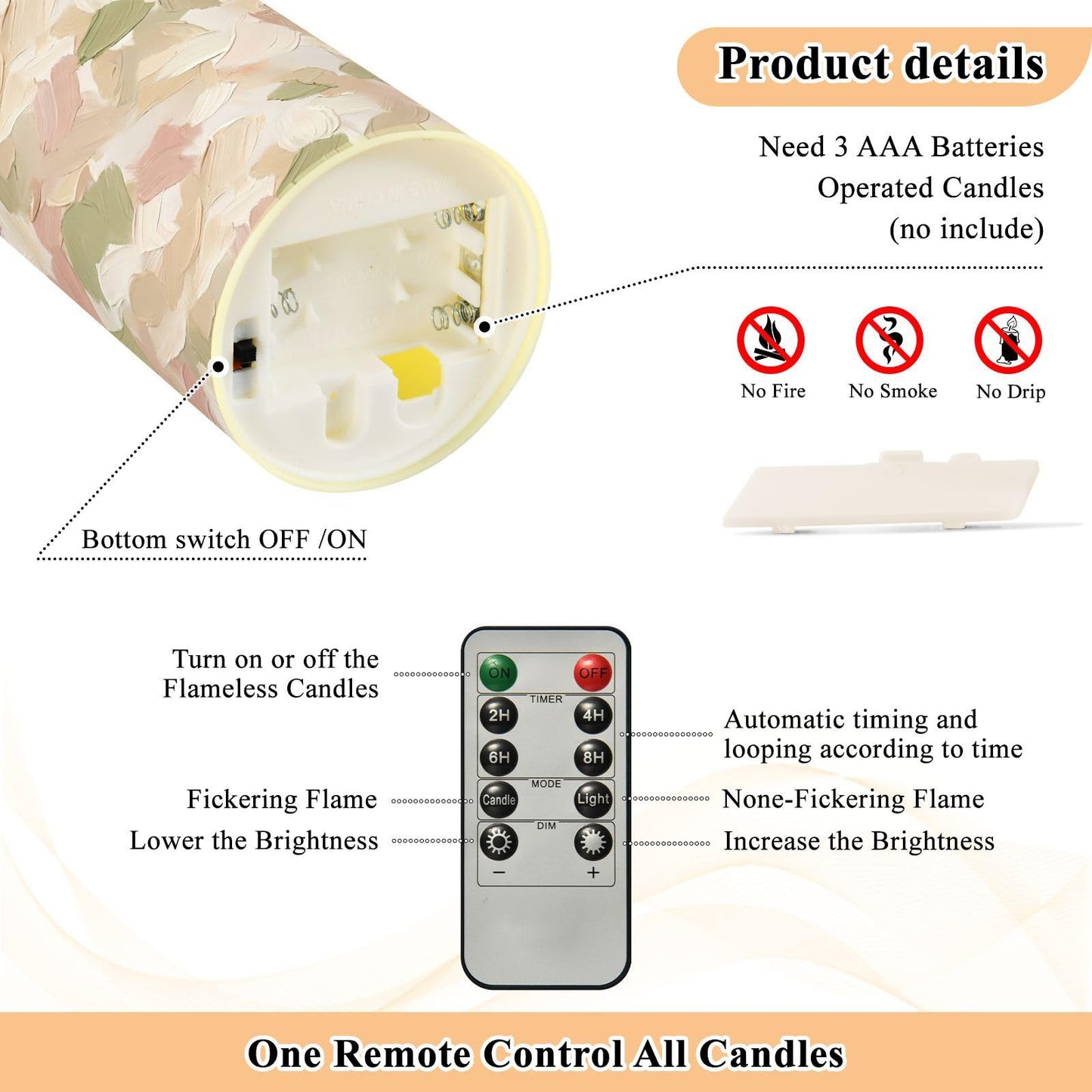 Gravopti Strokes 2 Pack Flameless LED Pillar Candles with Remote & Timer, Battery Operated, Flickering Wax Candle for Wedding, Romantic Home & Party Decor