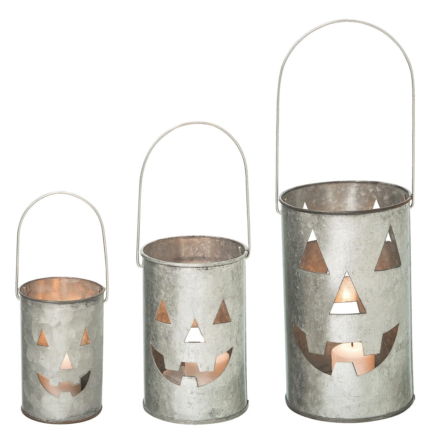 One Holiday Way Set of 3 Rustic Galvanized Metal Jack-o-Lantern Pumpkin Decorative Halloween LED Votive Candle Holder Lanterns - Indoor Outdoor Decoration - Spooky Country Farmhouse Party Home Decor