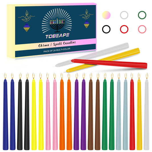 Tobeape 24 Pack Colored Taper Candles, 10 Inch x 0.85 Dinner Candle Set, 7-8 Hour Burn Time, Unscented, Smokeless and Dripless Colorful Wax Candlesticks for Birthday Wedding Party Home Décor Christmas