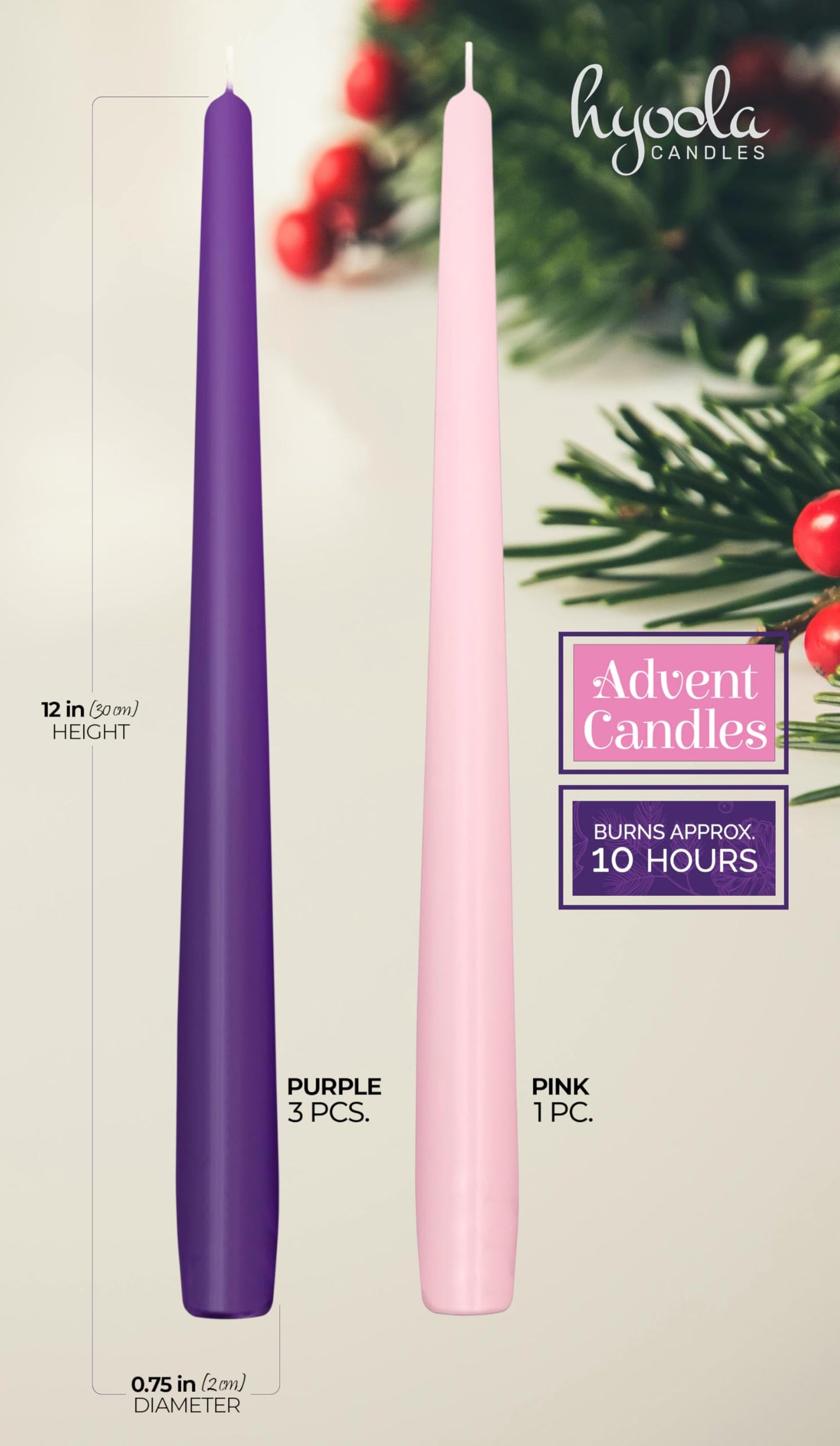 Hyoola Advent Candles Set of 4 - Made in Europe Christmas Advent Candle Set - 12 inch Advent Wreath Candles