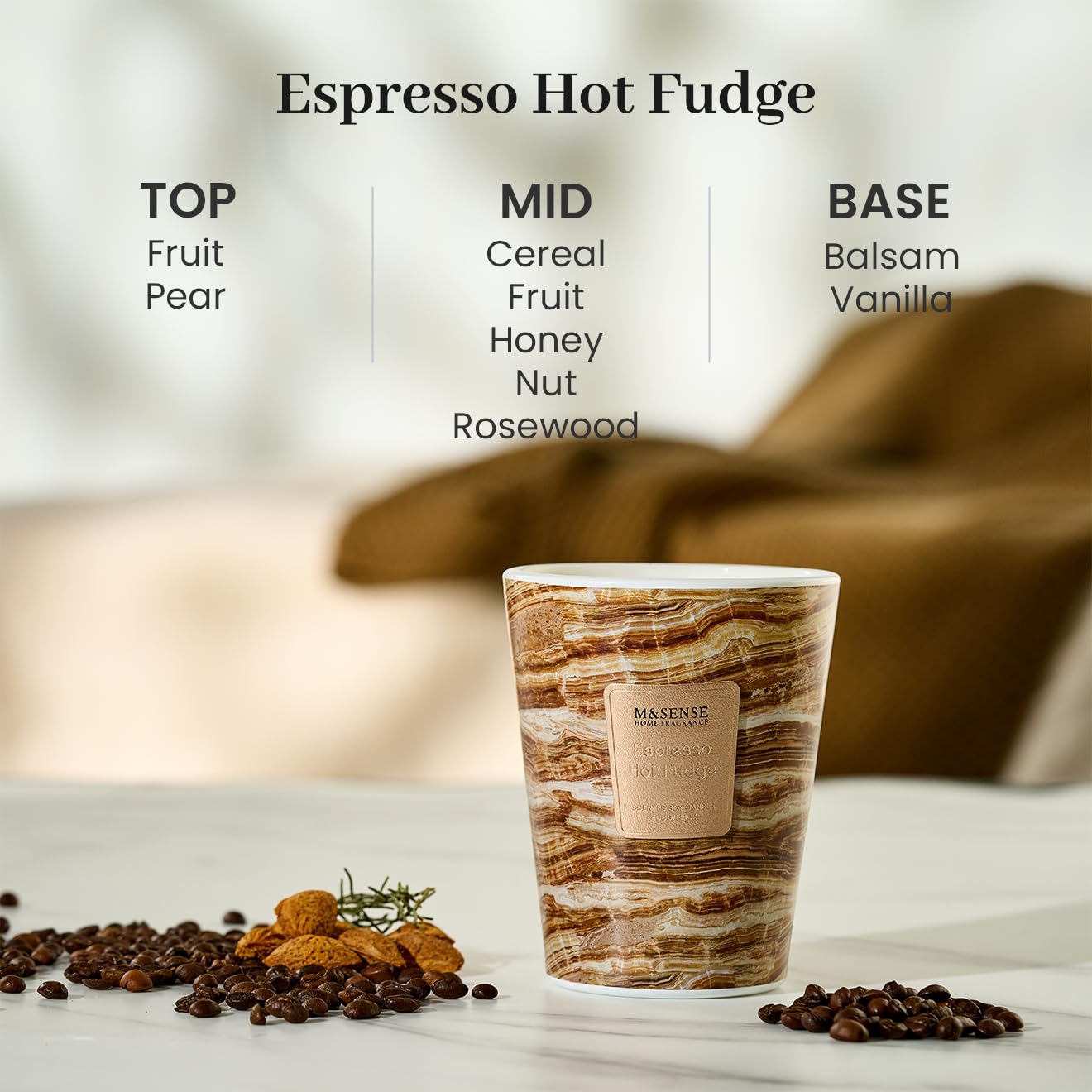 M&SENSE Espresso Hot Fudge Scented Soy Candle, 3 Wick Highly Scented 14.1 Oz 75H, Aromatherapy Christmas Gift for Women and Men