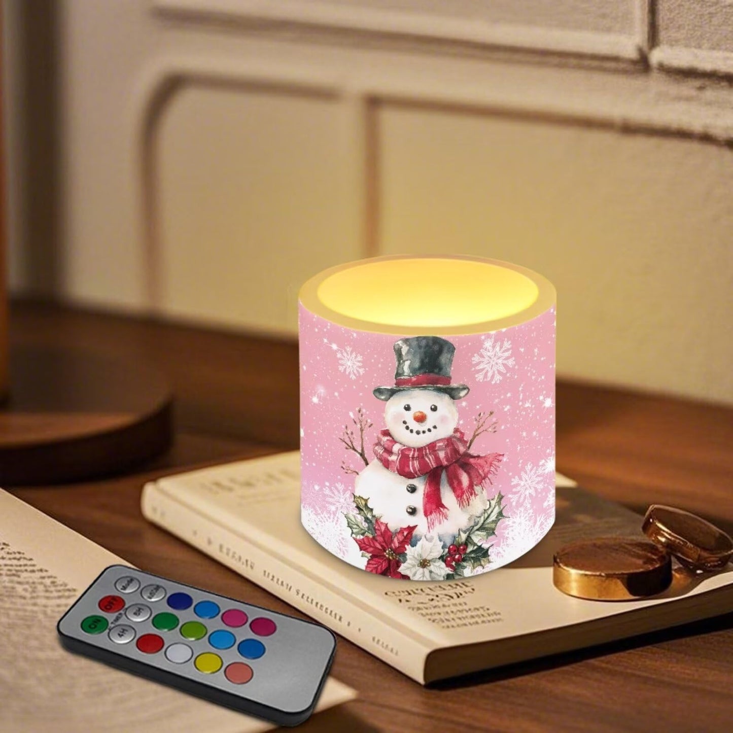 Merkmak Christmas Flameless Candles with 18-Key Remote Battery Operated Candles with Timer Snowman Poinsettia Flickering LED Elictric Pillar Tealights for Party Banquet