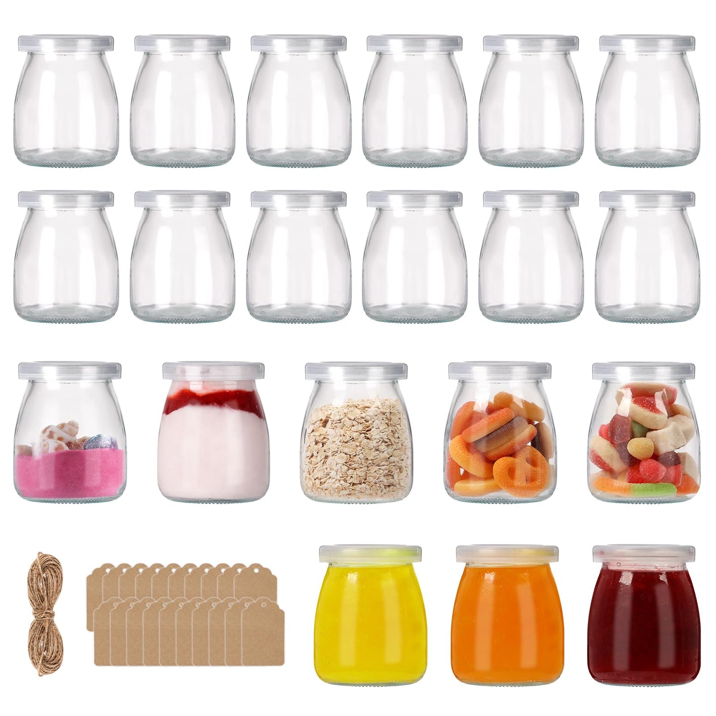 6.7oz Small Glass Jars 20Pack, Clear Glass Pudding with PE Lids and Tags, Spice/Glass Jelly/Yogurt/Candle Containers/Small with Lids (Set of 20)