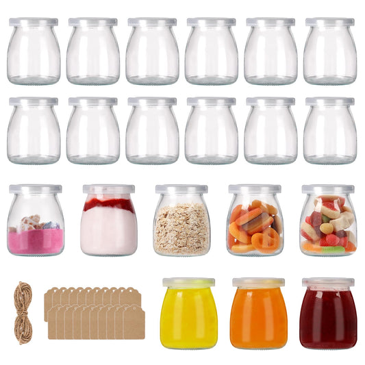 6.7oz Small Glass Jars 20Pack, Clear Glass Pudding with PE Lids and Tags, Spice/Glass Jelly/Yogurt/Candle Containers/Small with Lids (Set of 20)