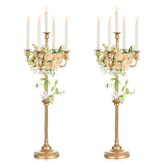 Nuptio Tall Gold Candelabras 34 Inch Candle Stick Holders Set of 2 Floor Candle Stand Taper Candle Holders for Classic Wedding Mantal Christmas Halloween Easter Home Table Centerpiece Decoration