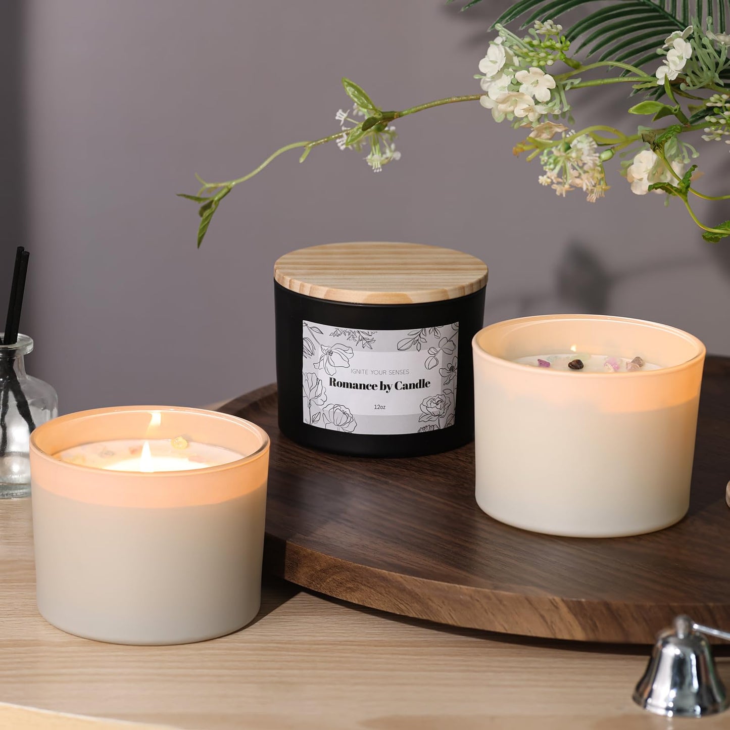 6Pcs Assorted Black and White Candle Jars for Making Candles, 12oz Empty Candle Jars with Bamboo Lids,Labels and 100g Crystal Rocks, Glass Jars for Candle Making, Candle Containers for DIY Gifts