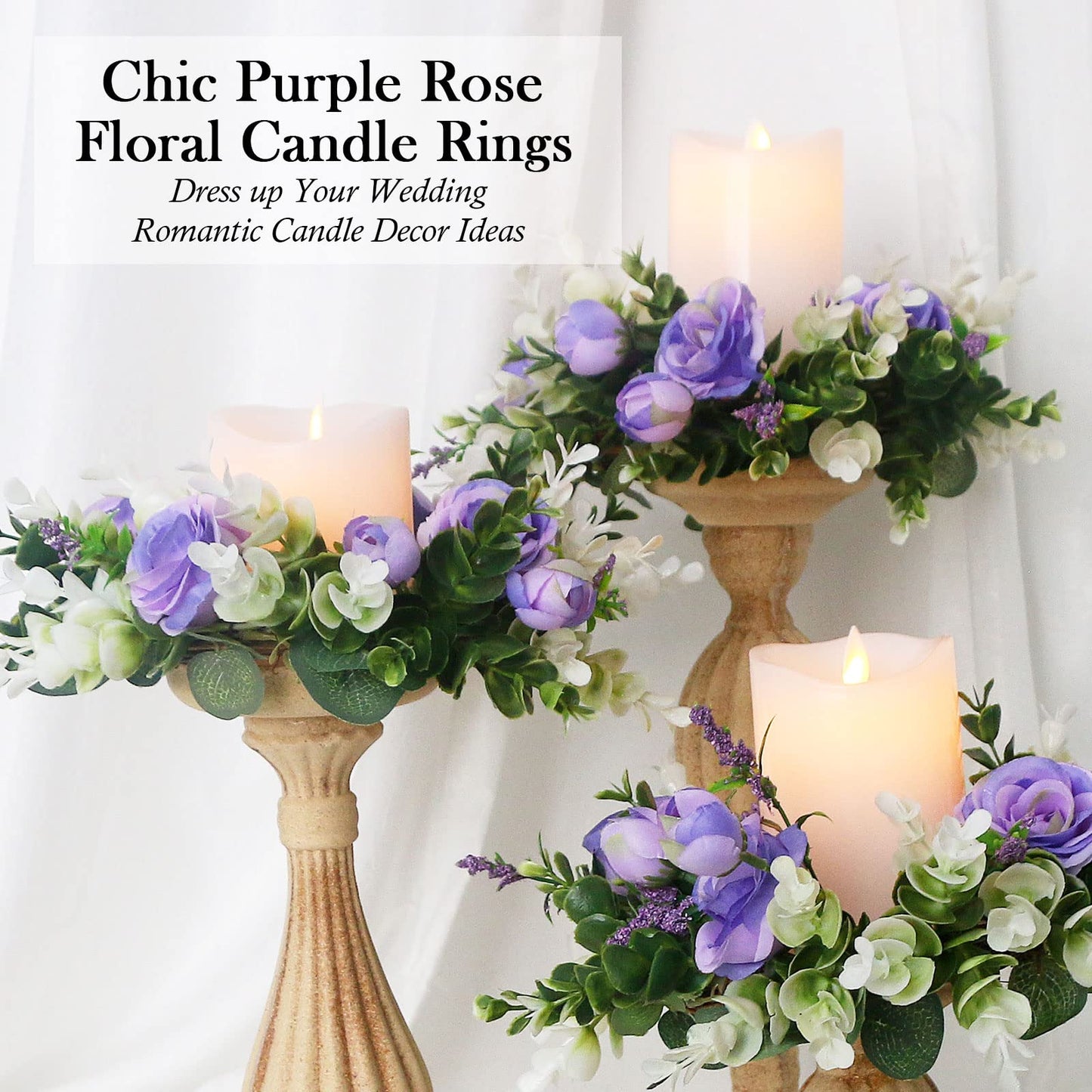 Acmee 4 Pcs Purple Rose Candle Rings - Artificial Floral Wreaths with Eucalyptus Leaves Greenery Flower Wreaths for Pillar Farmhouse Wedding Centerpiece Party Home Decor