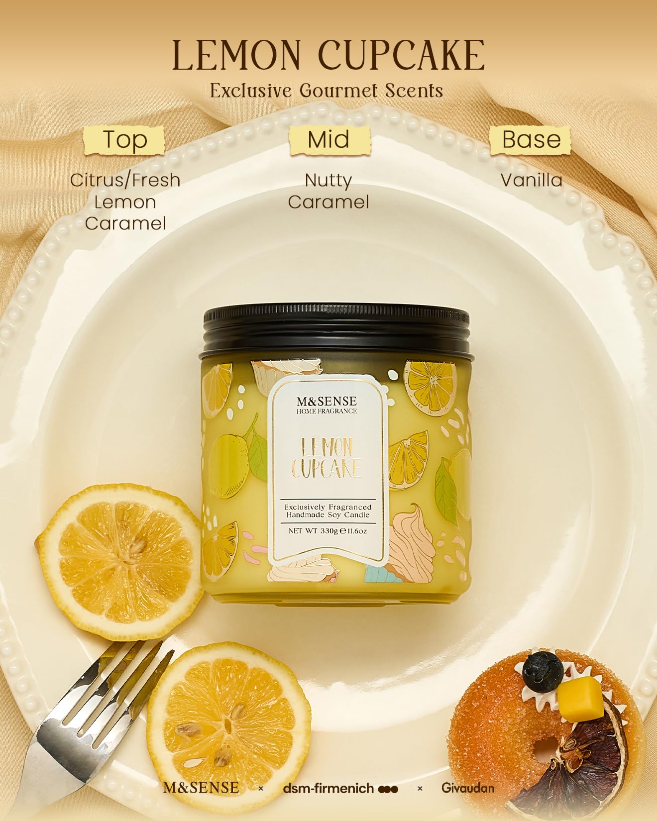 M&SENSE Lemon Vanilla Cupcake Scented Candle, 11.6oz Natural Soy Wax, 70 Hours Long Lasting Clean Burn, Citrus Vanilla Scents for Kitchen Freshness, Candle Gifts for Women Men, Warm Home Decor