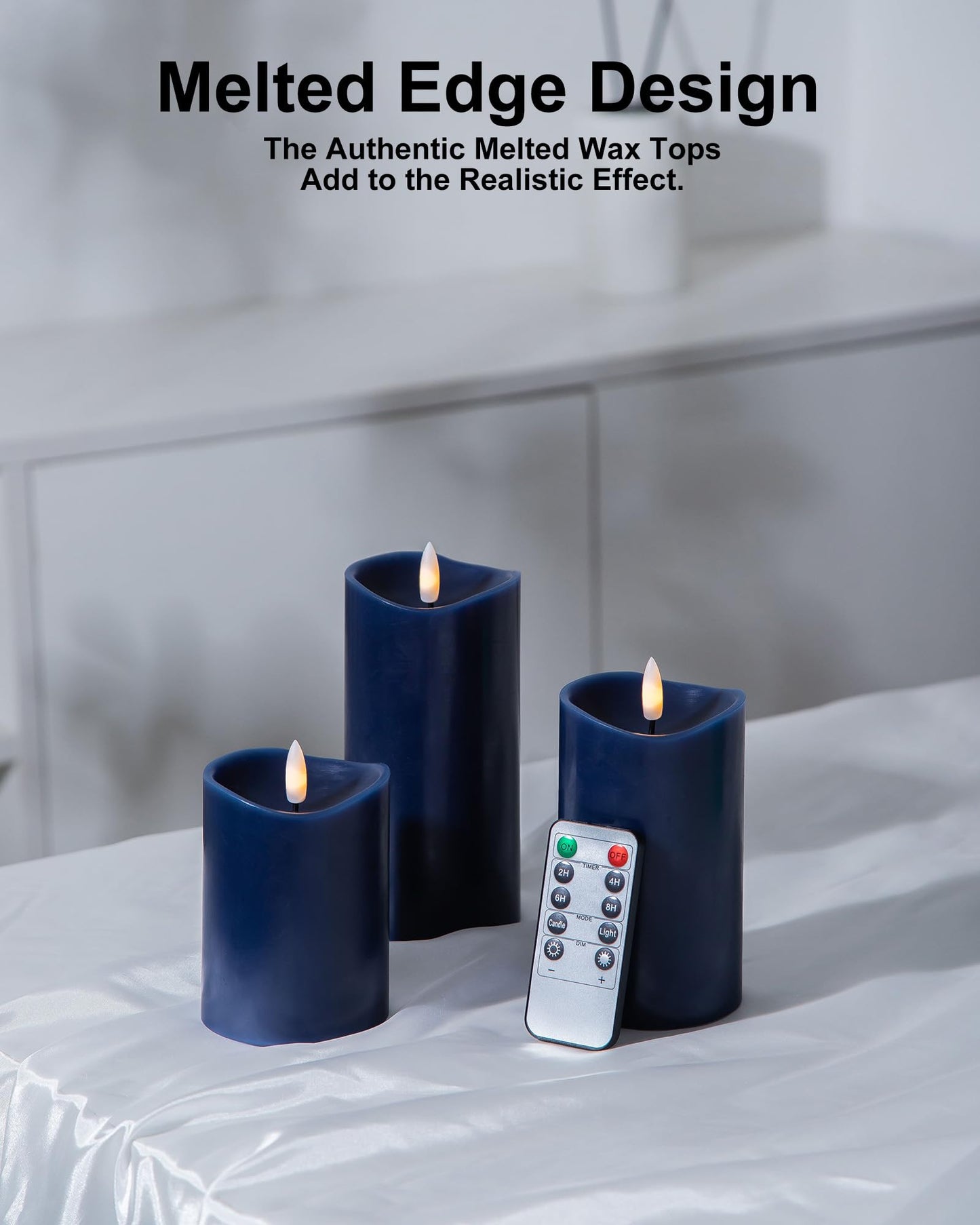 Velsyn Navy Blue Flameless Candles with Remote and Timer, Real Wax Made LED Pillar Candles Battery Operated with 3D Flickering Flame Melted Top, 3" x 4",5",6", Navy Blue Decor, Set of 3