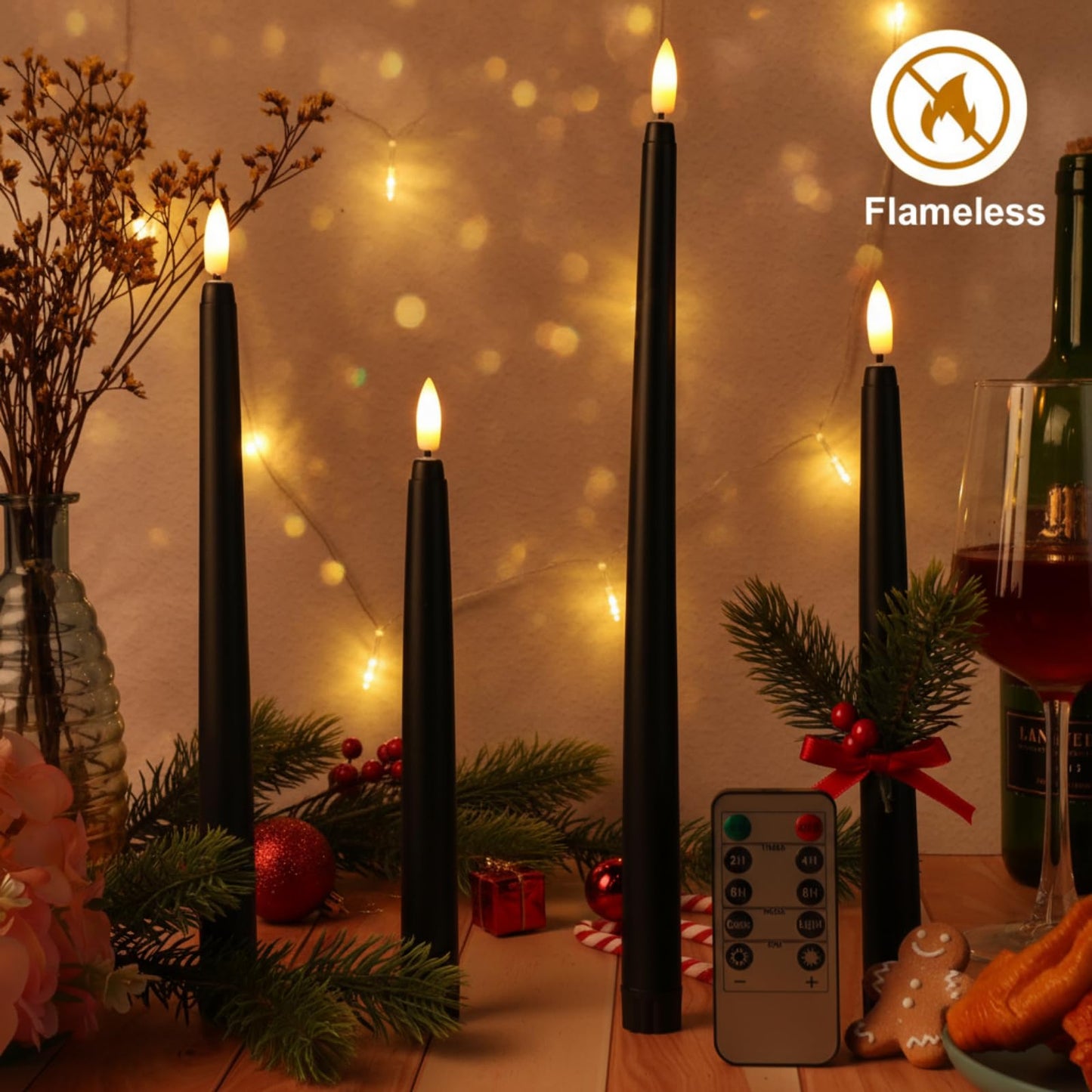 Rossesay 16 Pcs Black Flameless Taper Candles Battery Operated Candles with Remote Timer 8.5" 9.6" 10.8" 12.8" Multiple Sizes Black LED Flickering Candlestick for Wedding Centerpieces Party Decor