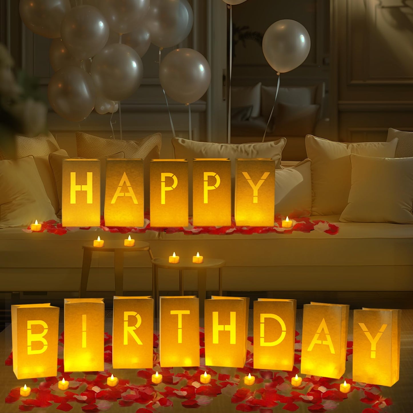 Homemory Happy Birthday Light Up Letters Luminary Bags with Flameless Candles and 2000 Fake Rose Petals, Happy Birthday Banner Sign Party Decoration for Women Men