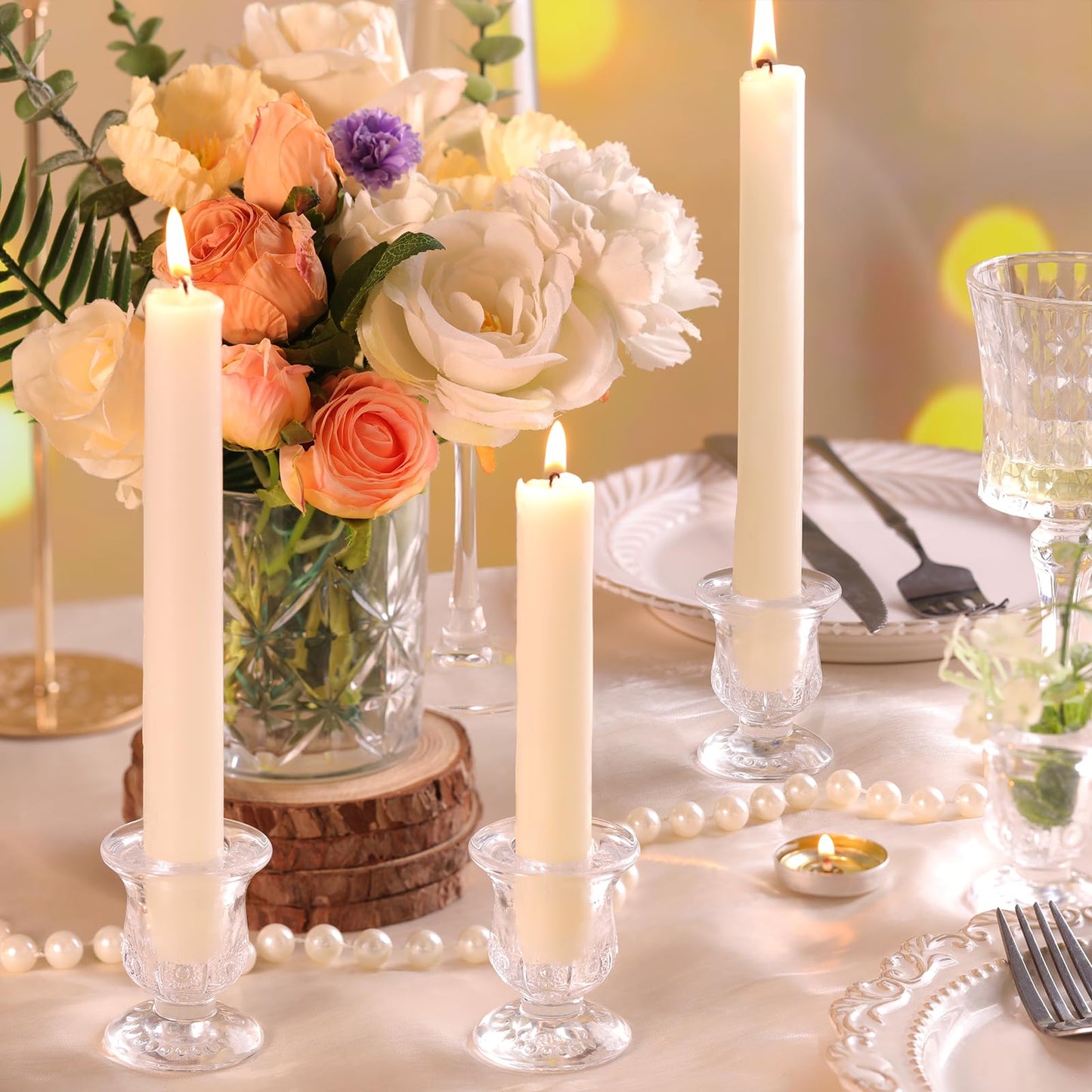 sunnyfuture 10pcs Clear Candlestick Holders, Glass Taper Candle Holders for Table Centerpiece Decor, Wedding, Birthday, Gift