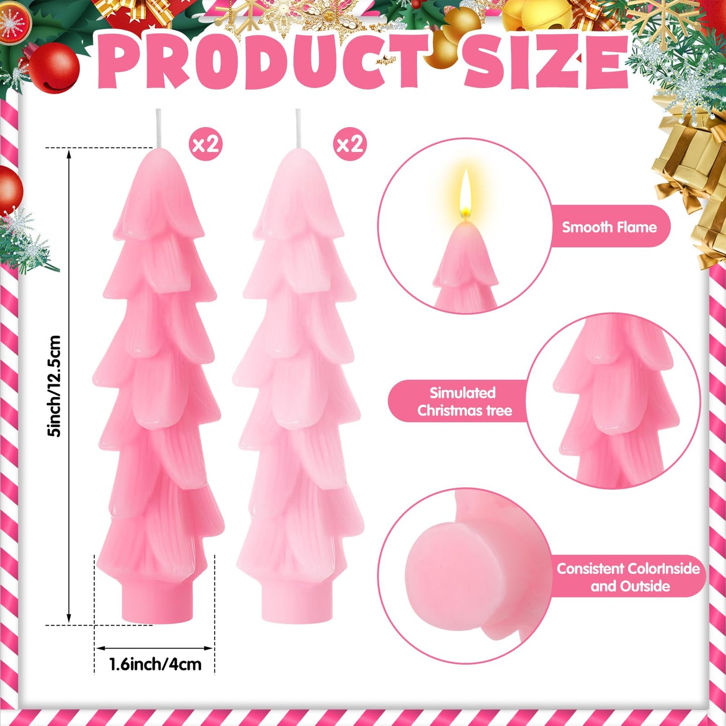 MTLEE 4 Pcs 5 Inch Christmas Tree Shaped Taper Candles Pink Xmas Holiday Candle Unscented Candlesticks for Christmas Party Room House Kitchen Decor Wedding Decorations Gift