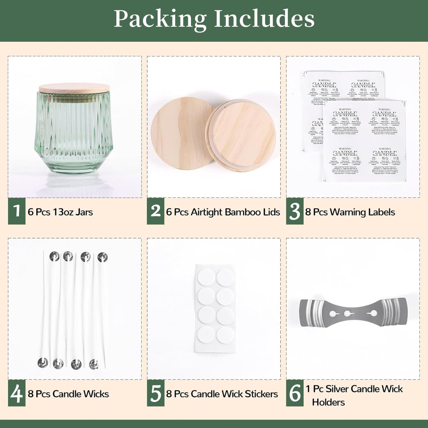 simeitol 13 OZ Light Green Large Candle Jars for Making Candles - 6 Pack Glass Candle Jars Bulk with Vertical Striped, Candle Vessels Supplies with Bamboo Lids and Candle Wick Kit, for DIY & Home