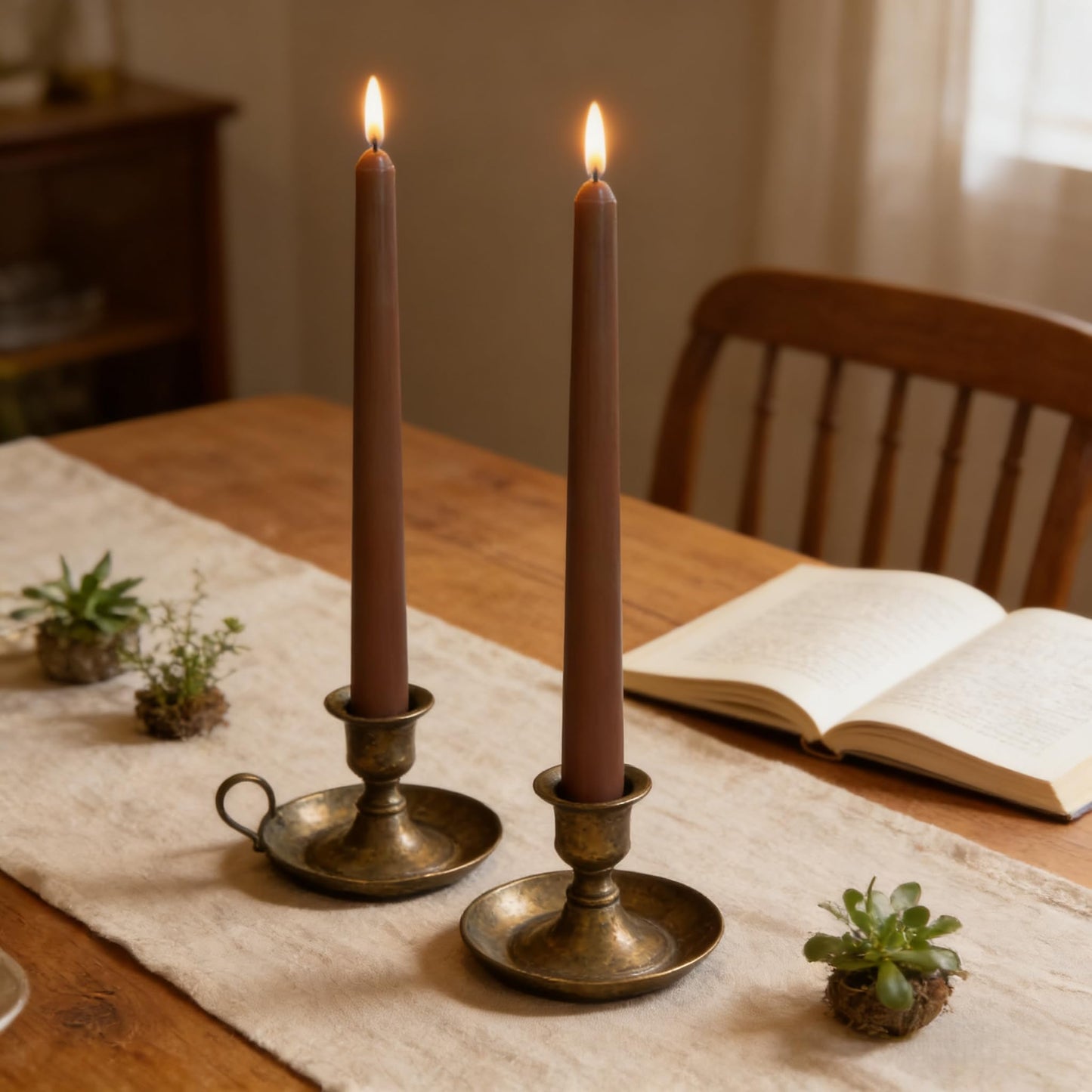 12-Pack Brown Taper Candles, 10 Inch Unscented Dripless Candlesticks, Long-Lasting Burn Time of 7-8 Hours, Perfect for Home Décor Dinner Party Meditation
