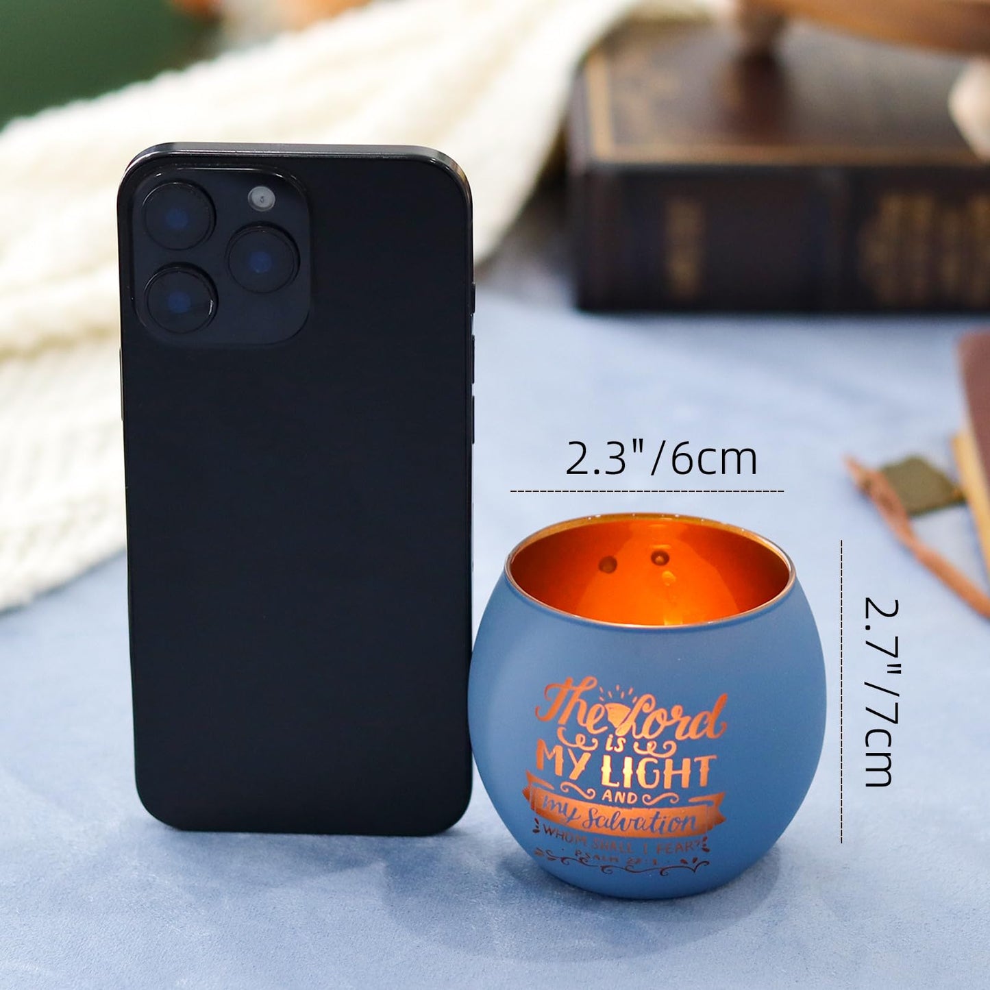 Christian Gifts for Men, Glass Candle Holders Set, Blue Tealight Votive Holders with Bible Verses, Religious Birthday Gifts for Dad, Brother, Son, Him, Coworker, Unique Spiritual Gifts for Men