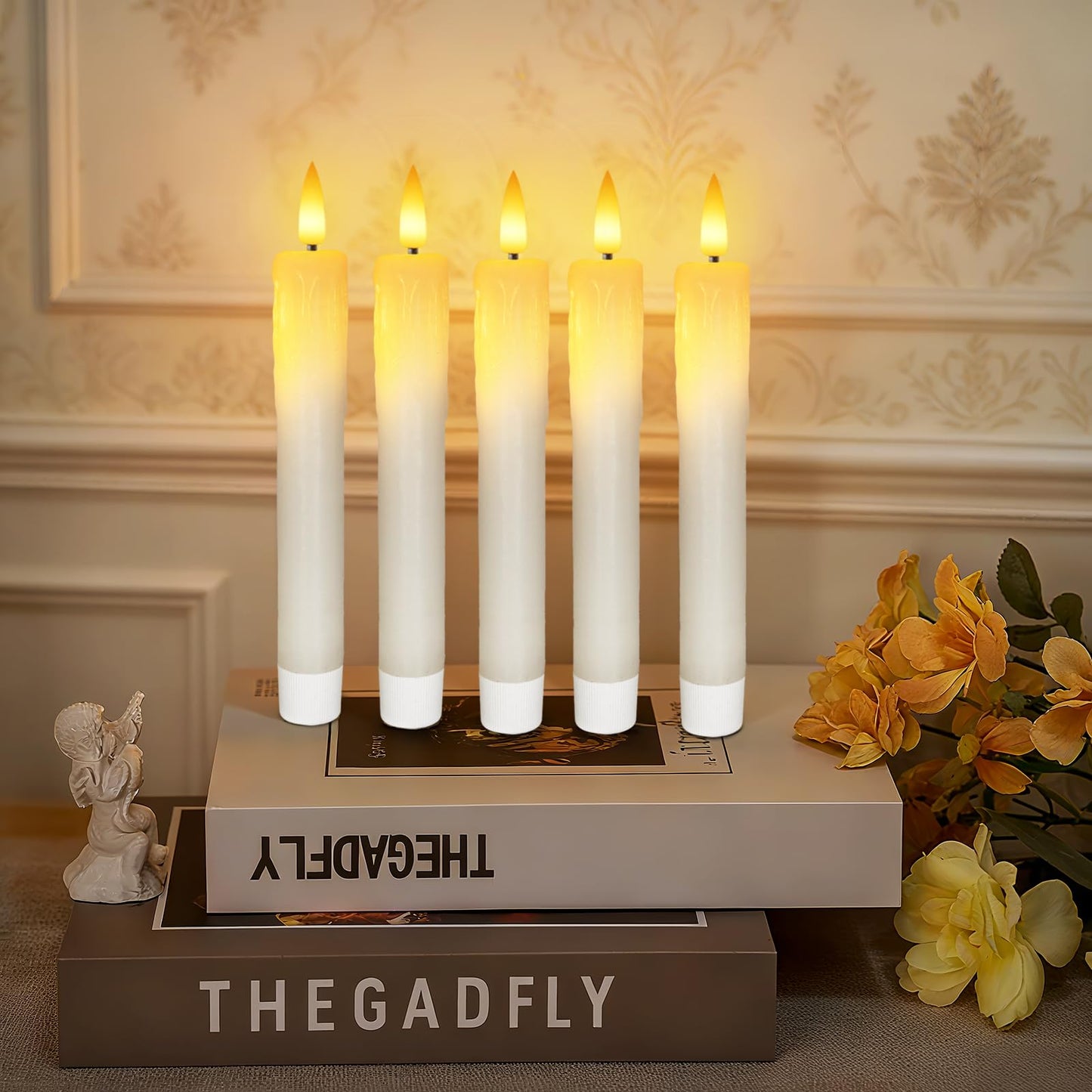 Meigic 7 Inches Dripless Flameless Taper Candles with Remote Timer Dimmer, Real Wax Battery Candlesticks, 3D Flame Fake Candlesticks for Home Wedding Christmas Decor, White, 6 Pcs