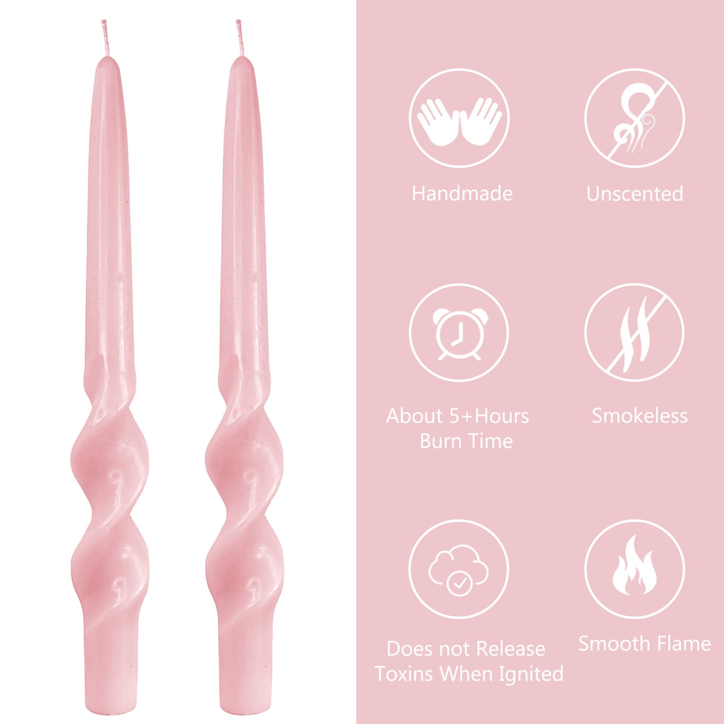 9 Inch Taper Candles Twisted Candlesticks Handmade 2 Pack Unscented Spiral Candles Smokeless Candle Sticks for Wedding Easter Yoga Birthday(Pink)