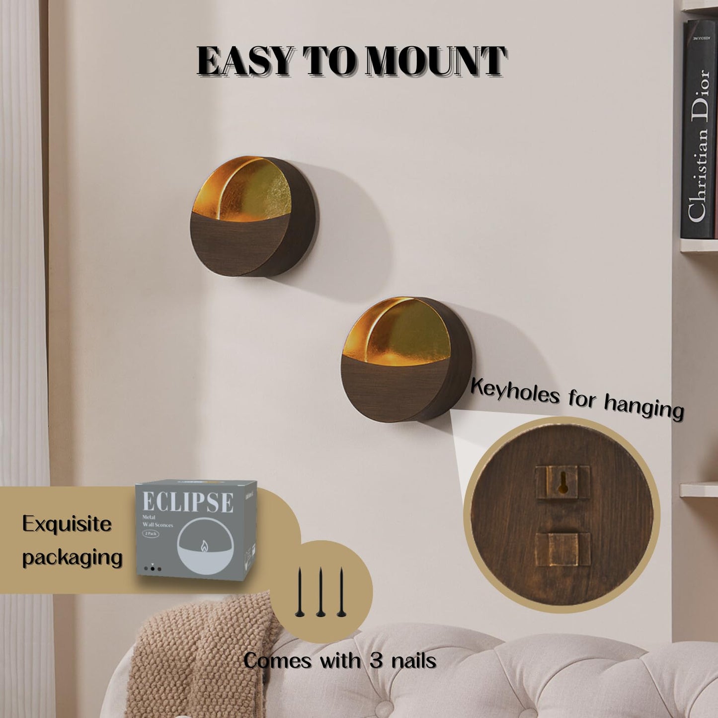 Eclipse Wall Candle Holder Set of 2, Metal Candle Sconces with Brushed Wood Grain and Gold Interior, Christmas Wall Decor for Living Room, Bedroom, and Modern Farmhouse