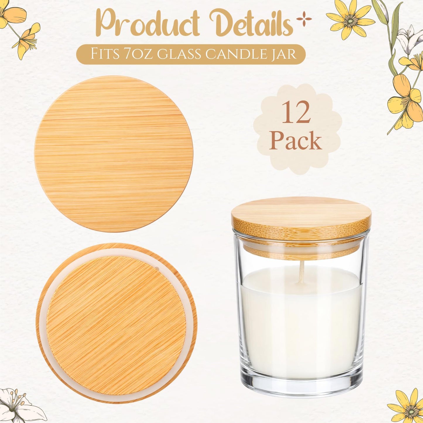 Ferrochef 12 Pcs Bamboo Lids for 7oz Candle Jars,Only Wood Cup Lids Tops for Making Candle, Glass Jars, Reusable Cover for Storage Decor Sample Container