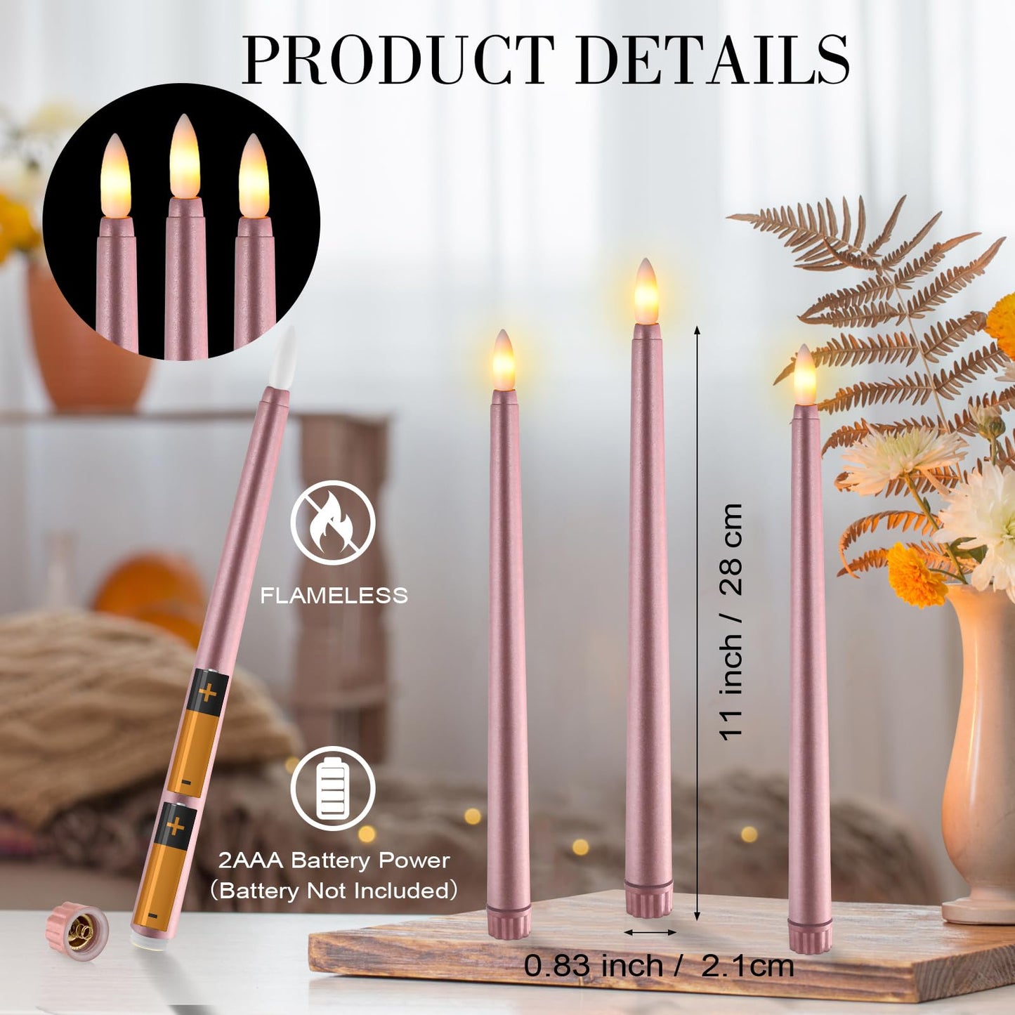 Macarrie 24 Packs Flameless Taper Candles Battery Operated Fake 11 Inch Long Candlelight LED Flameless Candlesticks Flickering Tapered for Spring Summer Wedding(Rose Gold)