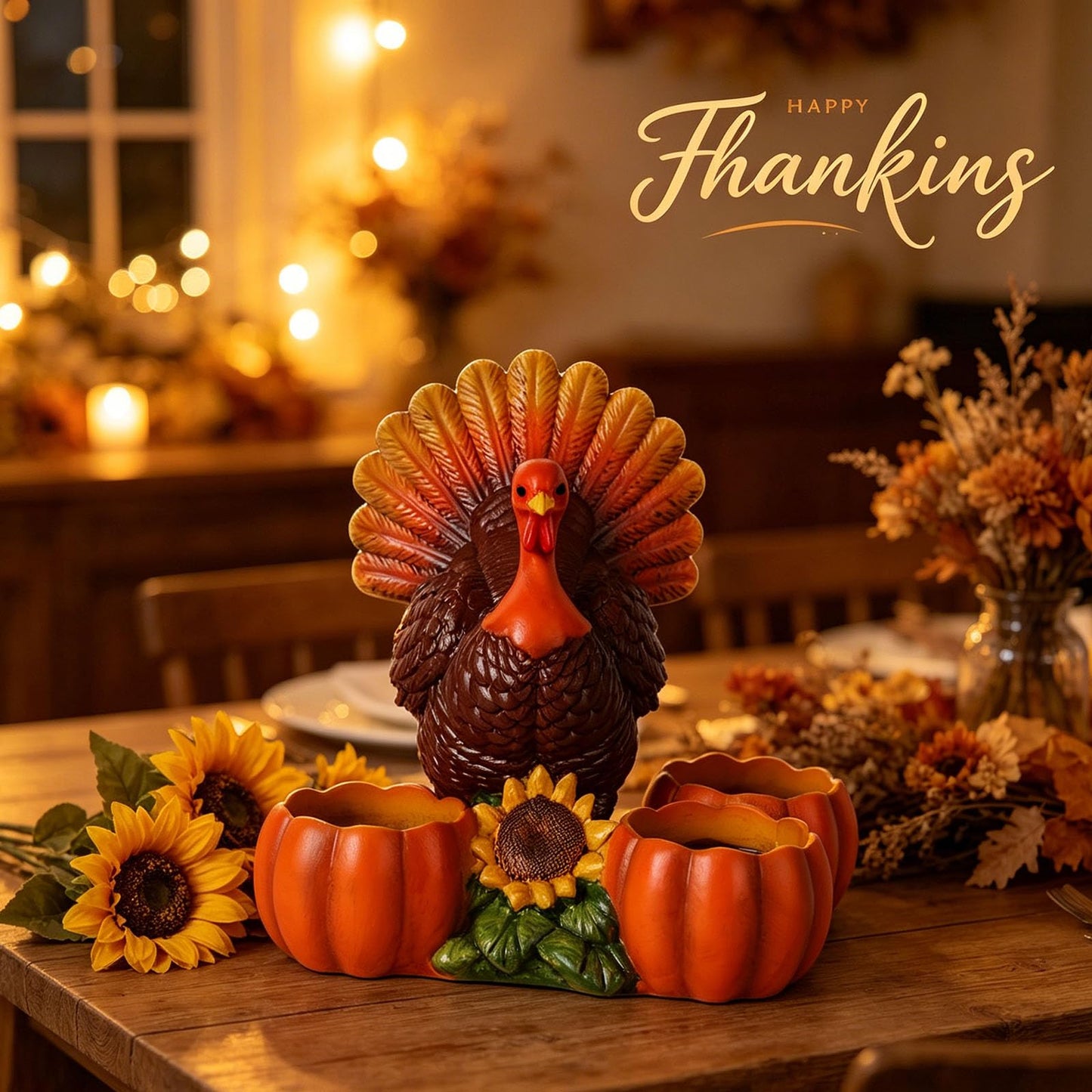Thanksgiving Turkey Tealight Candle Holder with 3 Pumpkin & Sunflower Decor, Thanksgiving Table Centerpieces Autumn Votive Candle Holder Turkey Figurine for Fall Home Decor