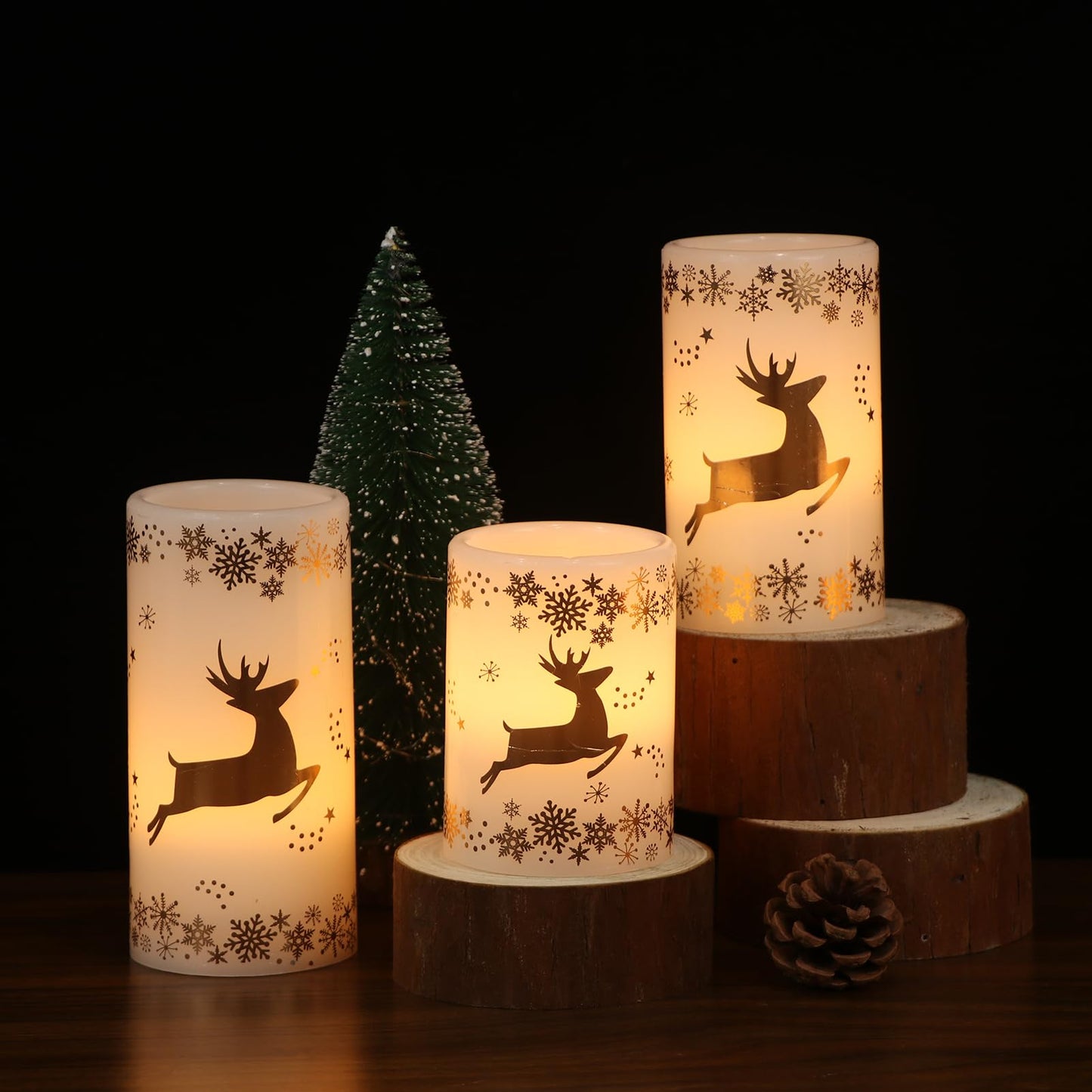 Lasumora Golden Reindeer Christmas Candles with 6H Timer, Real Wax LED Candles Flameless Flickering, Battery Operated Candle Pillar for Home Décor Christmas Decorations Gifts, 3x4/5/6 inches