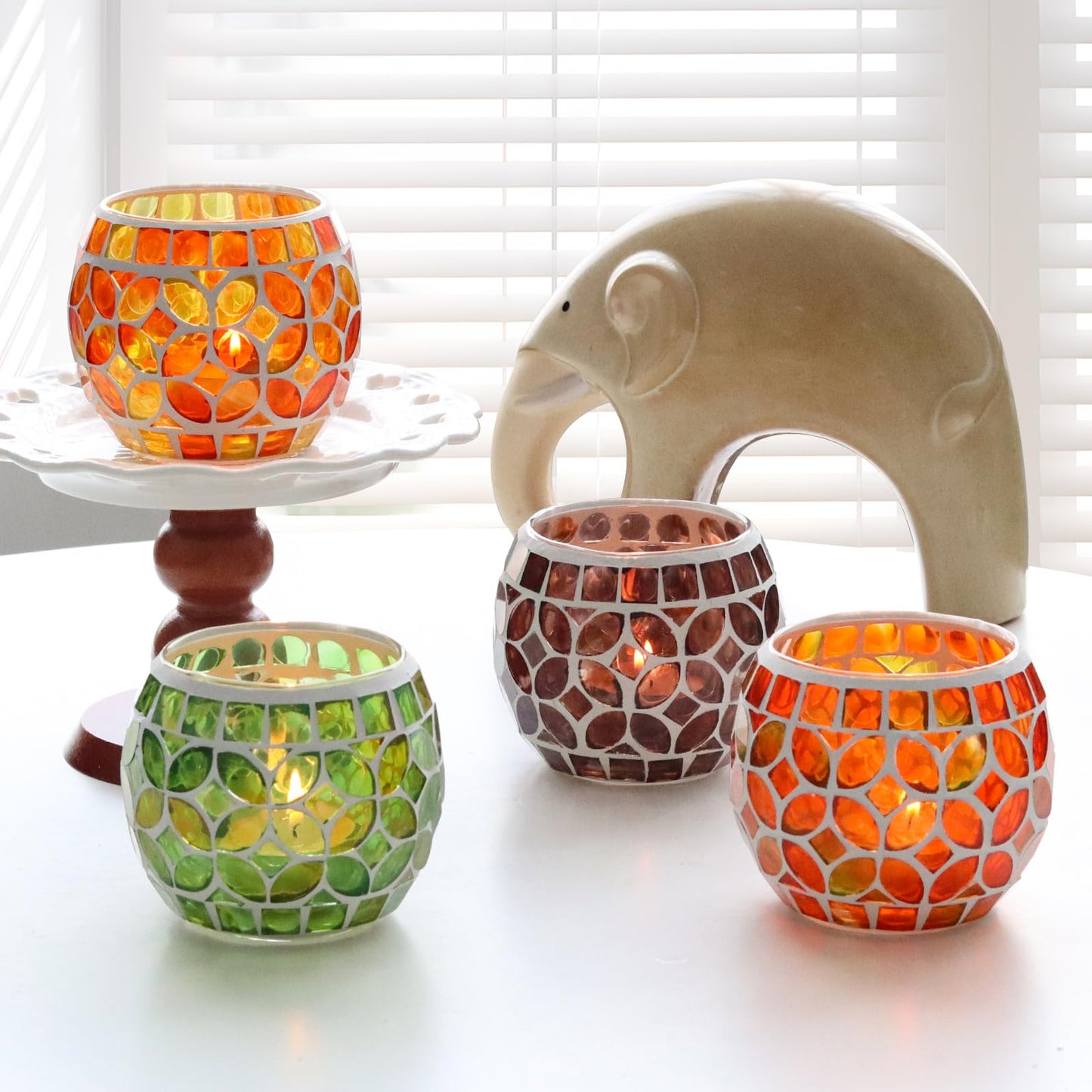 SHMILMH Mosaic Candle Holders Set of 4, Handmade Glass Tealight Votive Holders, Fall Thanksgiving Diwali Decor, Autumn Wedding Party Table Centerpiece, Brown Orange Green