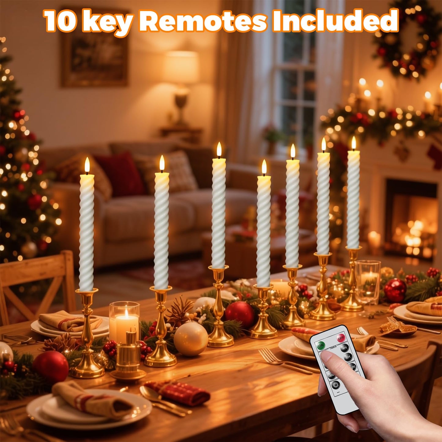 Wondise Flameless Taper Candles with Remote Timer, Real Waxy Battery Operated Flickering Spiral Candlesticks, 3D Wick LED Candles 9.6inch for Halloween Christmas Holiday Wedding Decoration (White