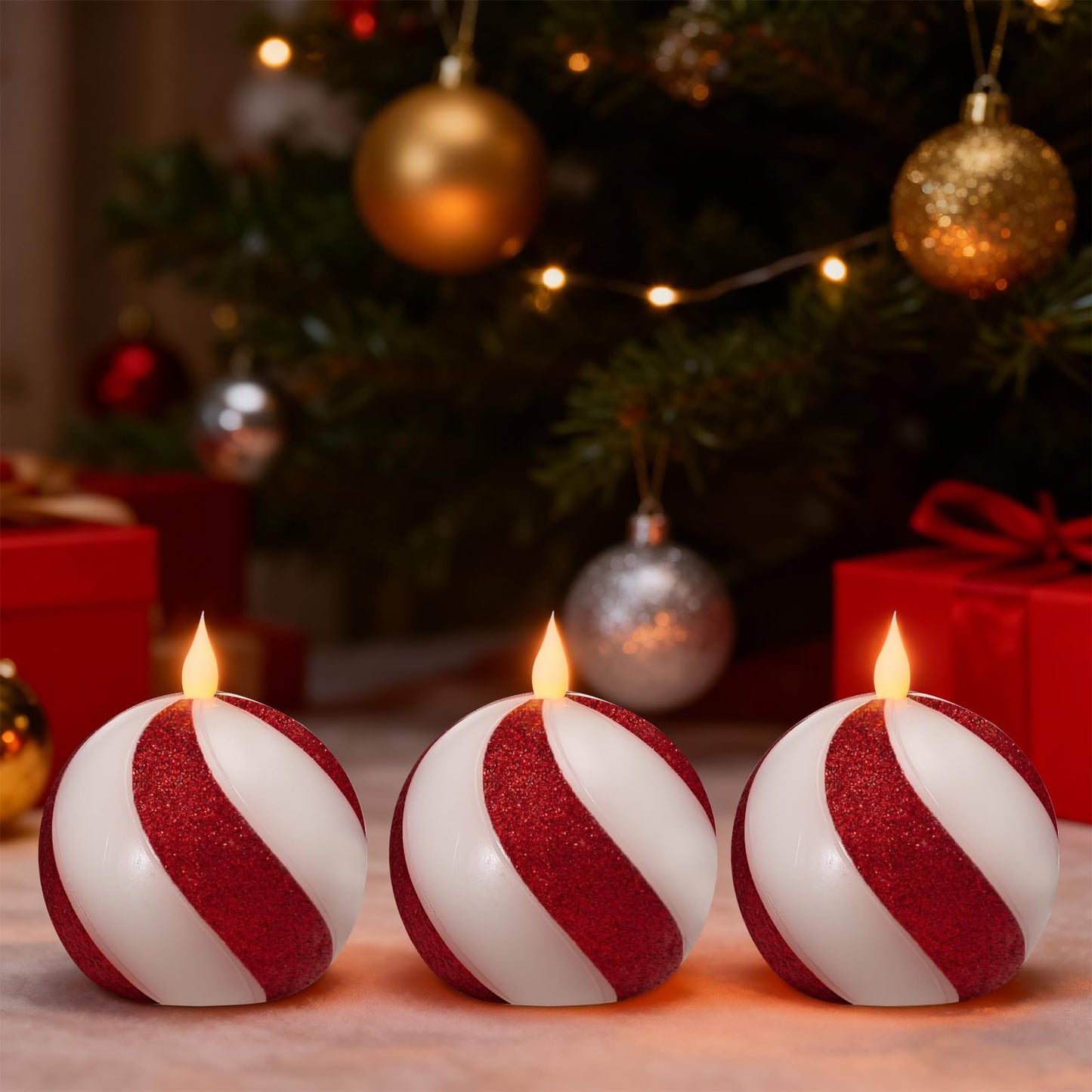 Set of 3 Christmas Sphere Candy-Cane Flameless Candles - Red White Real Wax Flickering Ball Candles Battery Operated with Remote, Candy Cane Christmas Decorations, Xmas Party Tables Centerpieces Decor