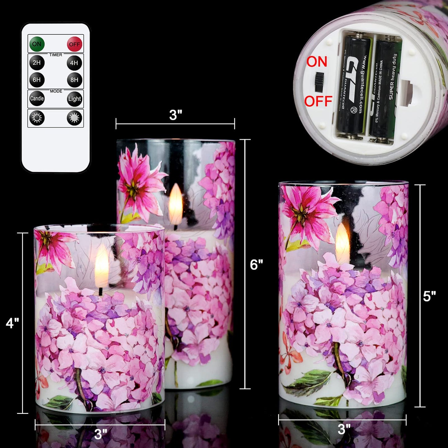 DRomance Pink Hydrangea Glass Flameless Candles with Remote Timer Battery Operated LED Pillar Candles Realistic 3D Wick Flickering Real Wax Wedding Dinner Holiday Decor Candle 3 x 4,5,6 Inches