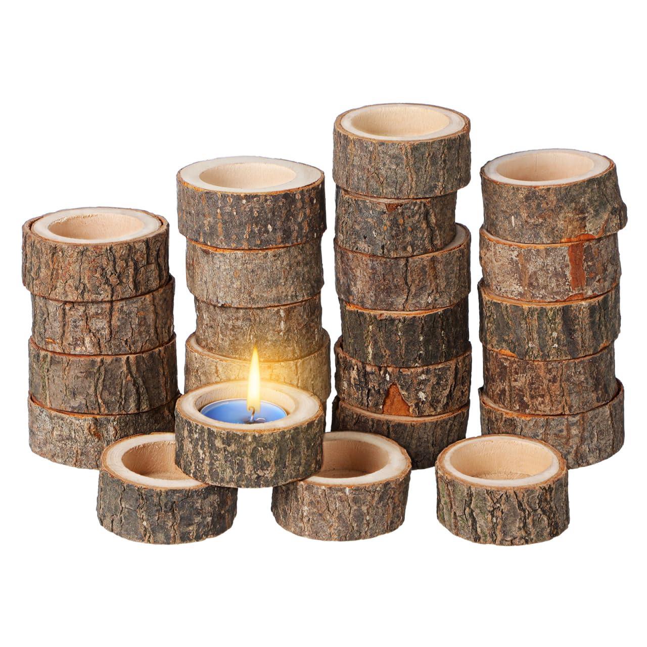 DECHOUS 24Pcs Wooden Tealight Candle Holder: Natural Birch Stump Wood Votive Tealight Holder Candlestick Centerpiece for Wedding, Party, Holiday, Home Decoration, Inner 1.57in
