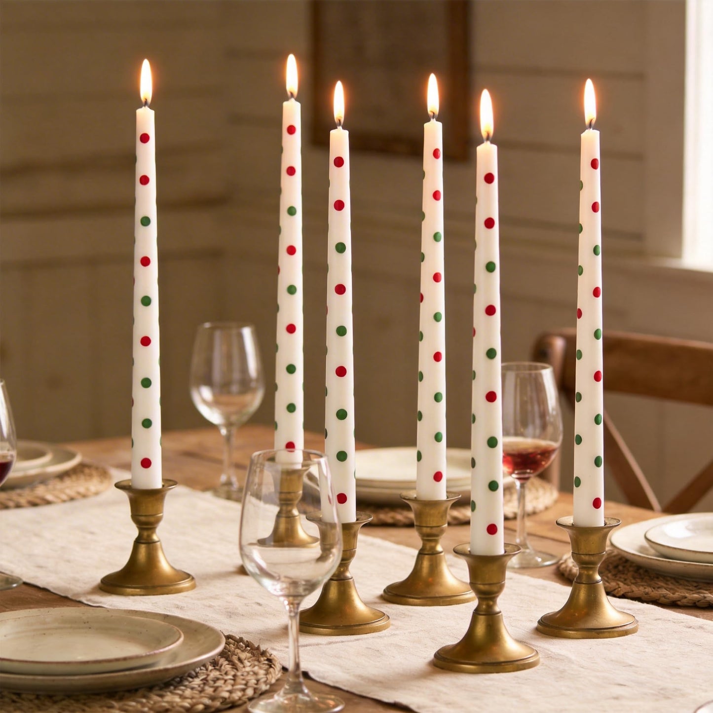 2 Pack Taper Candles, 10 Inch Unscented Candlesticks with Green Stripe Design for Holiday Table Centerpiece, Fireplace Mantel, Winter Weddings, Advent Wreaths, Seasonal Home Decor
