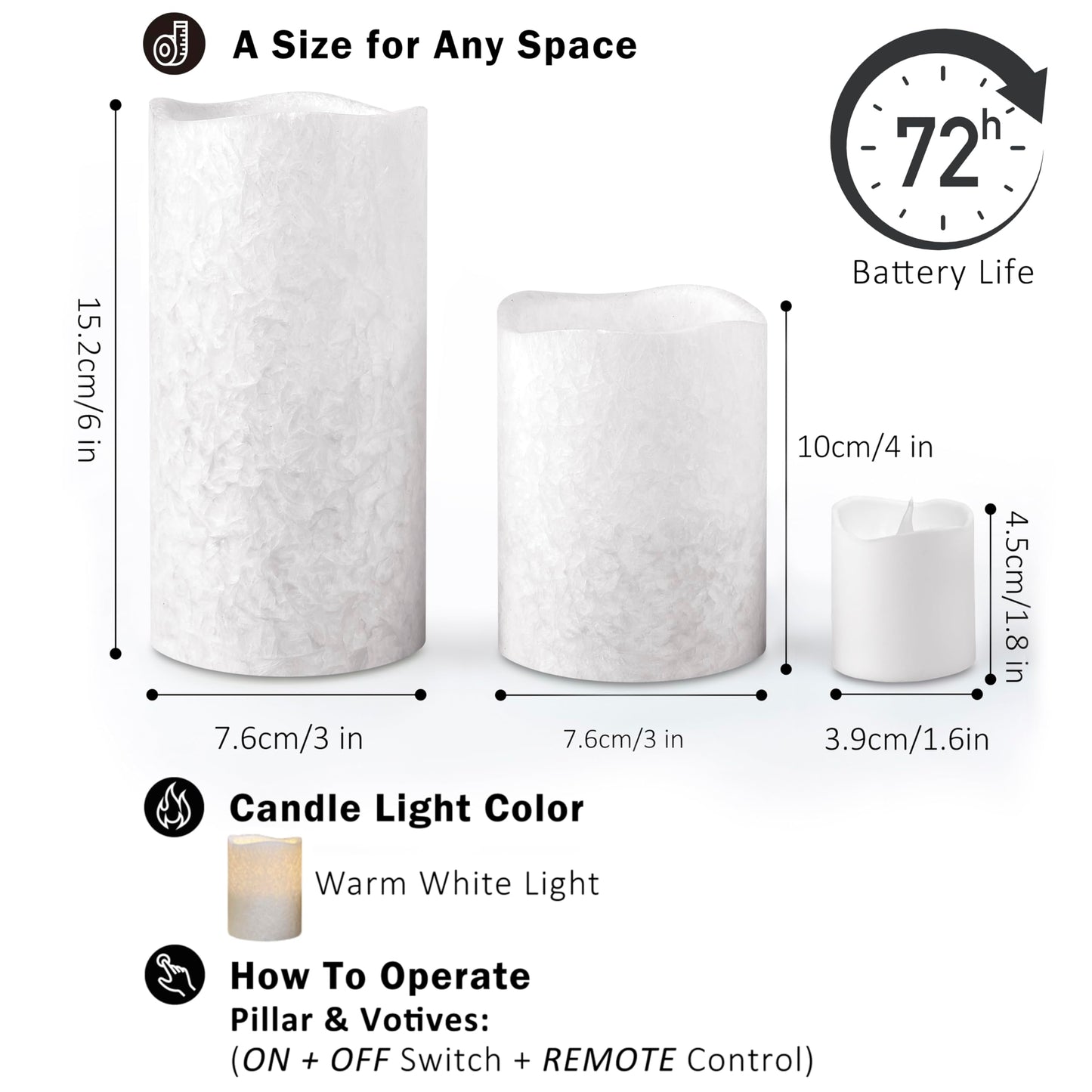 FURORA LIGHTING White Crystallized Flameless Candles - Real Wax, Adjustable Brightness, Remote & Timer - 4 Pillars (3x4, 3x6) and 4 Votives, 8-Pack, Battery Operated