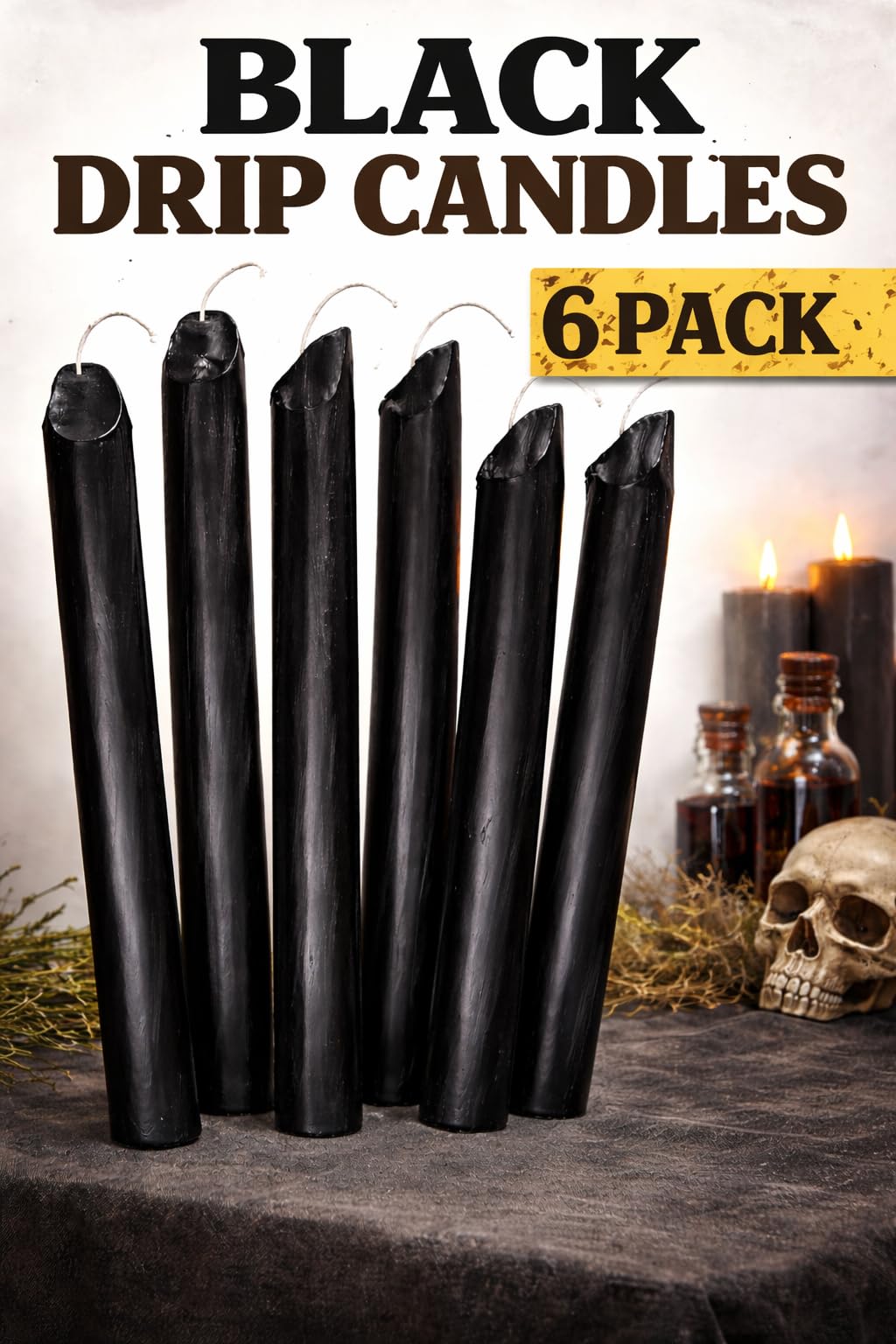 Black Drip Candles 6 Pack – Unscented Wax Candle Sticks for Weddings, Parties, Gothic & Halloween Decor – 6.5″ Tall Slow Drip Candles for Wine Bottles & Events