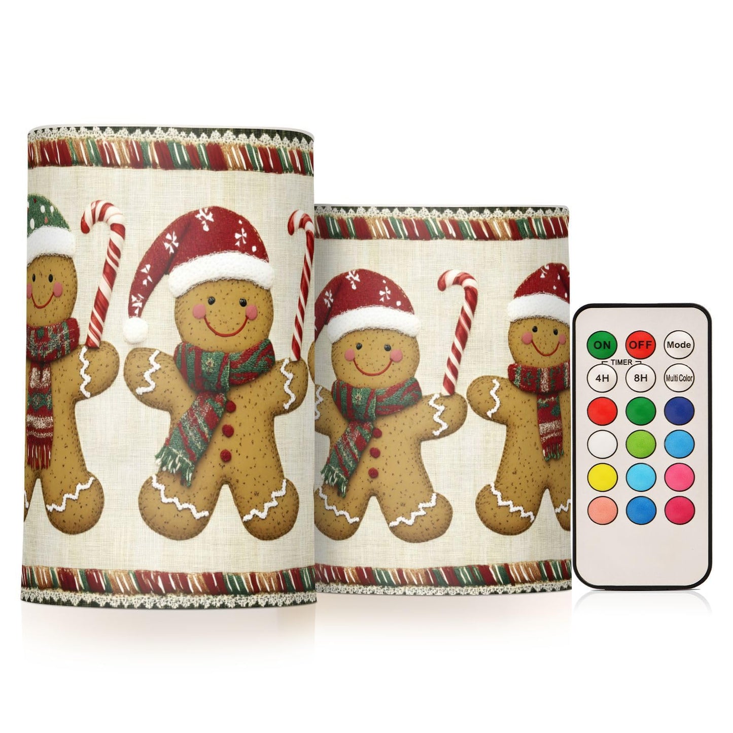 ALAZA Christmas Gingerbread Candy Cane03 Flickering Flameless Candles Battery Operated with Remote Timer,Tea Light Candles LED Pillar Votive Candles Set of 2 for Outdoor Indoor Decorations