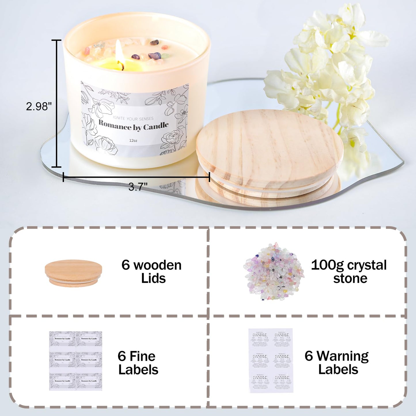 6Pcs Assorted Black and White Candle Jars for Making Candles, 12oz Empty Candle Jars with Bamboo Lids,Labels and 100g Crystal Rocks, Glass Jars for Candle Making, Candle Containers for DIY Gifts