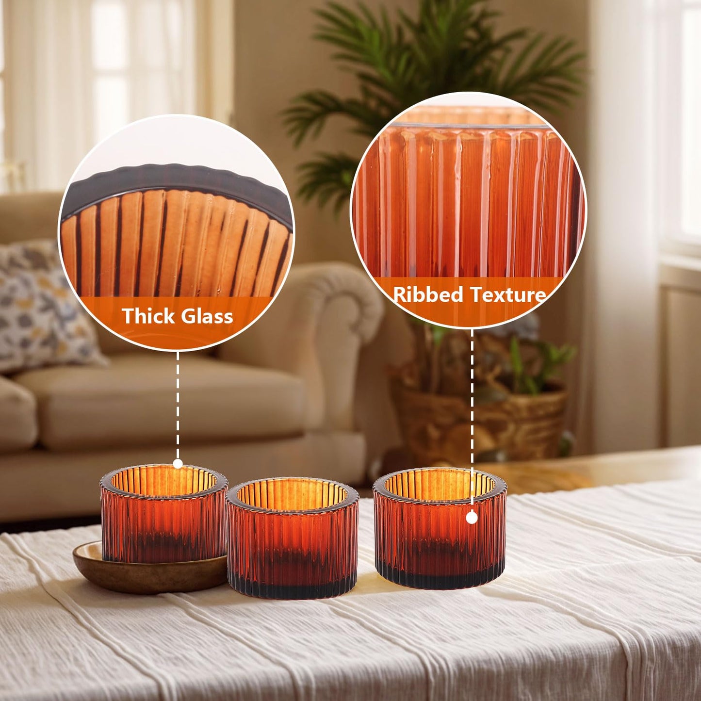 JOYIT Amber Votive Candle Holders Bulk Set of 4, Tealight Candle Holder for Wedding Table Centerpiece, Glass Small Candle Holders for Birthday Party, Valentine's Day, Home Decor (2''X 1.4'')