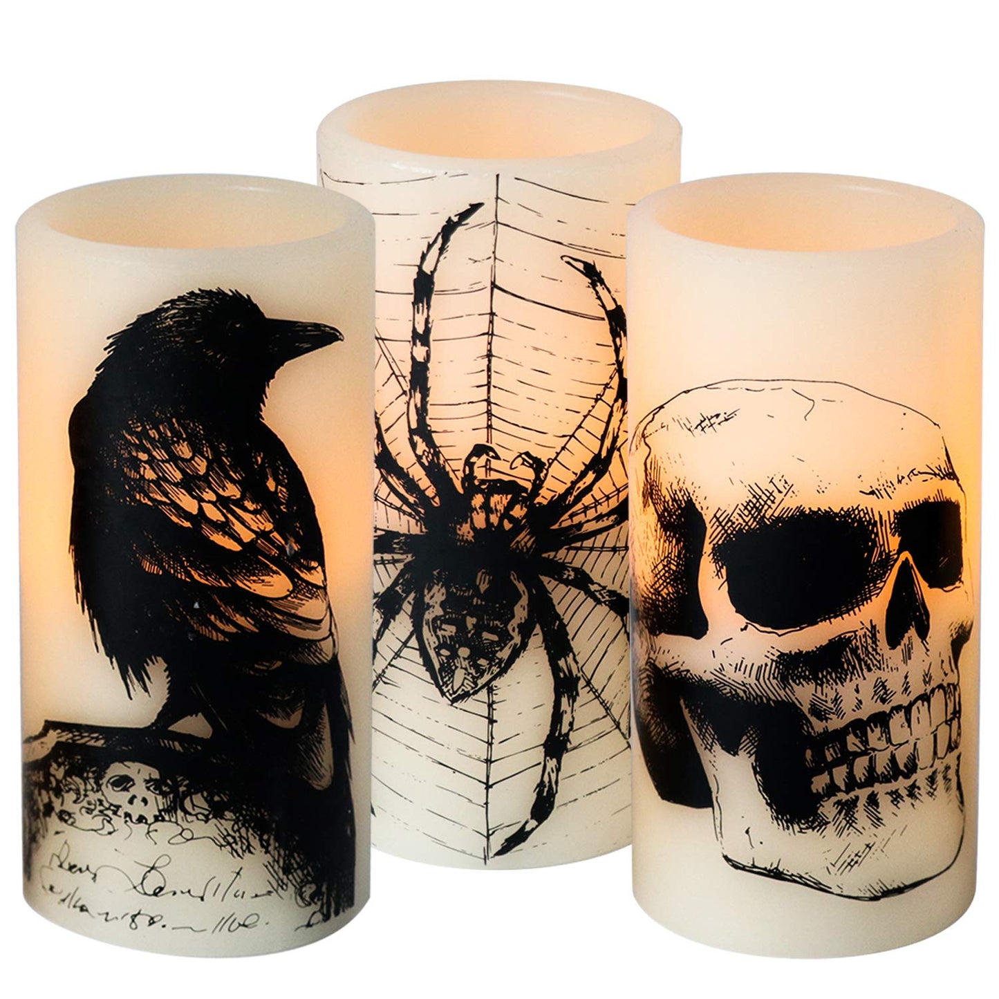 Lasumora Halloween Flameless Candles with 6H Timer, LED Pillar Candles mit Skull, Spider Web, Crow Raven Decals Set of 3, Battery Operated Real Wax Candles, Halloween Decor Horror Gothic Punk