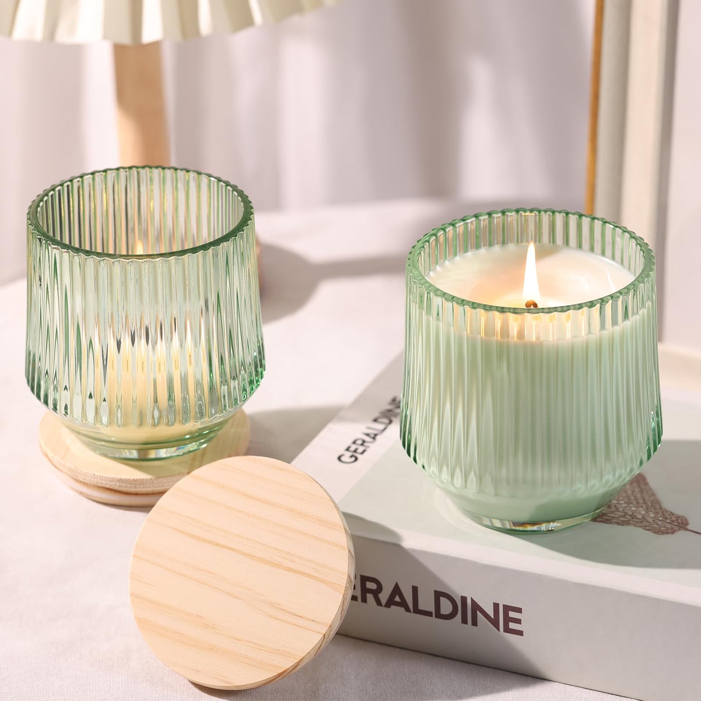 simeitol 13 OZ Light Green Large Candle Jars for Making Candles - 6 Pack Glass Candle Jars Bulk with Vertical Striped, Candle Vessels Supplies with Bamboo Lids and Candle Wick Kit, for DIY & Home