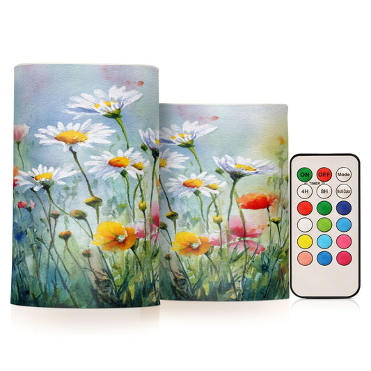 susiyo Watercolor Flowers Pattern Flameless Candles with Remote Timer Battery Operated Candles Flickering Colored LED Candles Pillar Candles for Outdoor Wedding Holiday Decor 2 Pcs