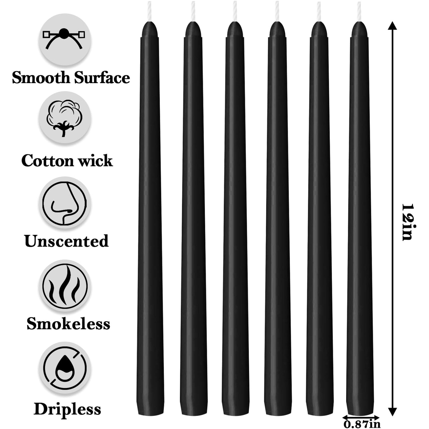 0.87×12 Inch Black Taper Candles, 6 Pack Halloween Taper Candles with Cotton Wicks, Unscented and Smokeless Tall Candlesticks Ideal for Weddings, Dinner Festivals, and Home Décor