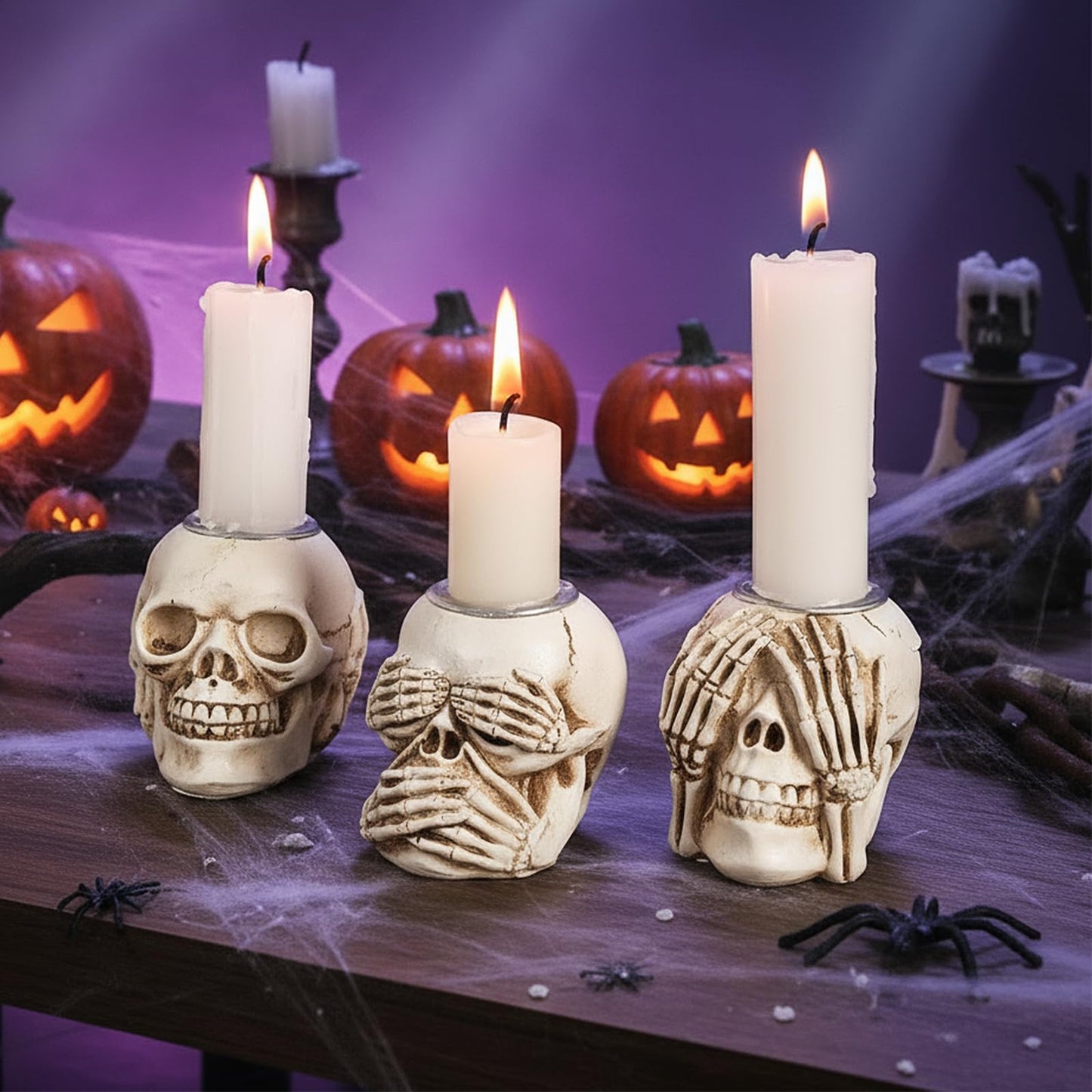 Helloween Skull Candle Holder Set of 3 Skeleton Head Candlestick Holders,Resin Skull Decor for Home Tabletop Spooky Theme Party Decor Supplies