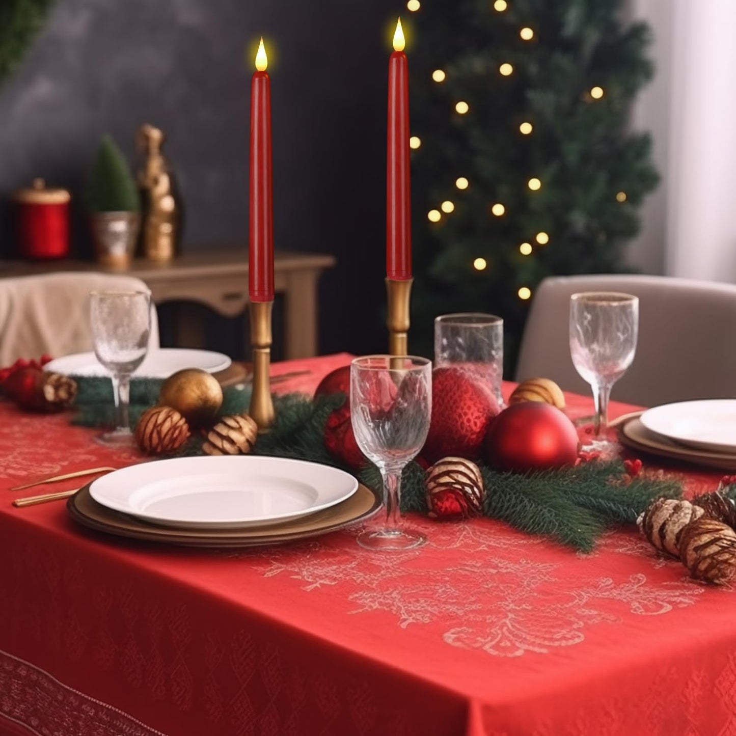 Flameless Taper Candles with Remote Control and Timer, Battery Operated LED Candlesticks with Flickering 3D Flame, 9.6×0.8 Inches Plastic Tall Candles for Christmas, Wedding and Home Decor (Red, 15)