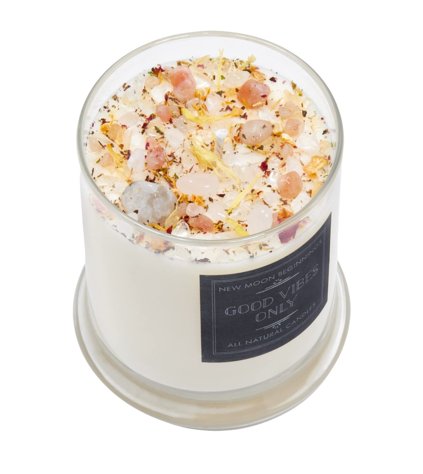 Good Vibes Only Candle by New Moon Beginnings - Negative Energy Cleansing - Soy Aromatherapy Candle - Handmade with Crystals & Herbs (12oz Round Glass Jar)