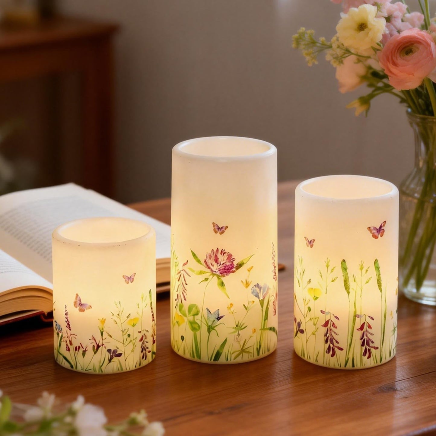 DRomance Butterfly Spring Flameless Candles with 6 Hour Timer Real Wax Battery Operated LED Flickering Pillar Candles Dinner Holiday Home Decor(3 Pack, 3" D x 4", 5", 6" H)