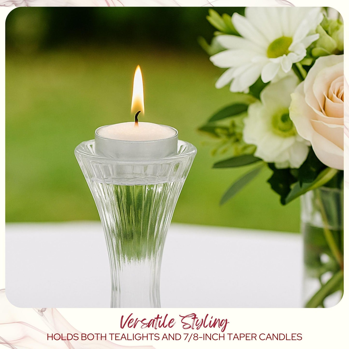 Biedermann & Sons Ribbed Hour-Glass Shape Tealight and Taper Candle Holders, Clear - 6.5 Inch Tall