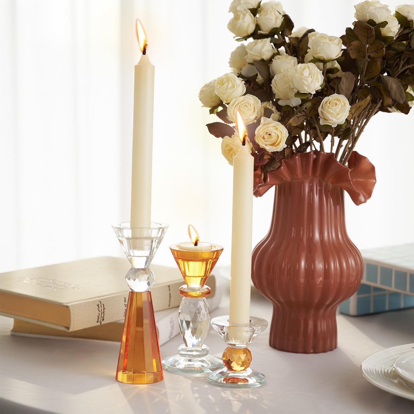 DN DECONATION Glass Candle Holder Set of 3, Candlesticks Holders Amber & Clear Crystal Tealight Candles Holder for Table Centerpiece Wedding Decorations Housewarming Gift Living Room Party