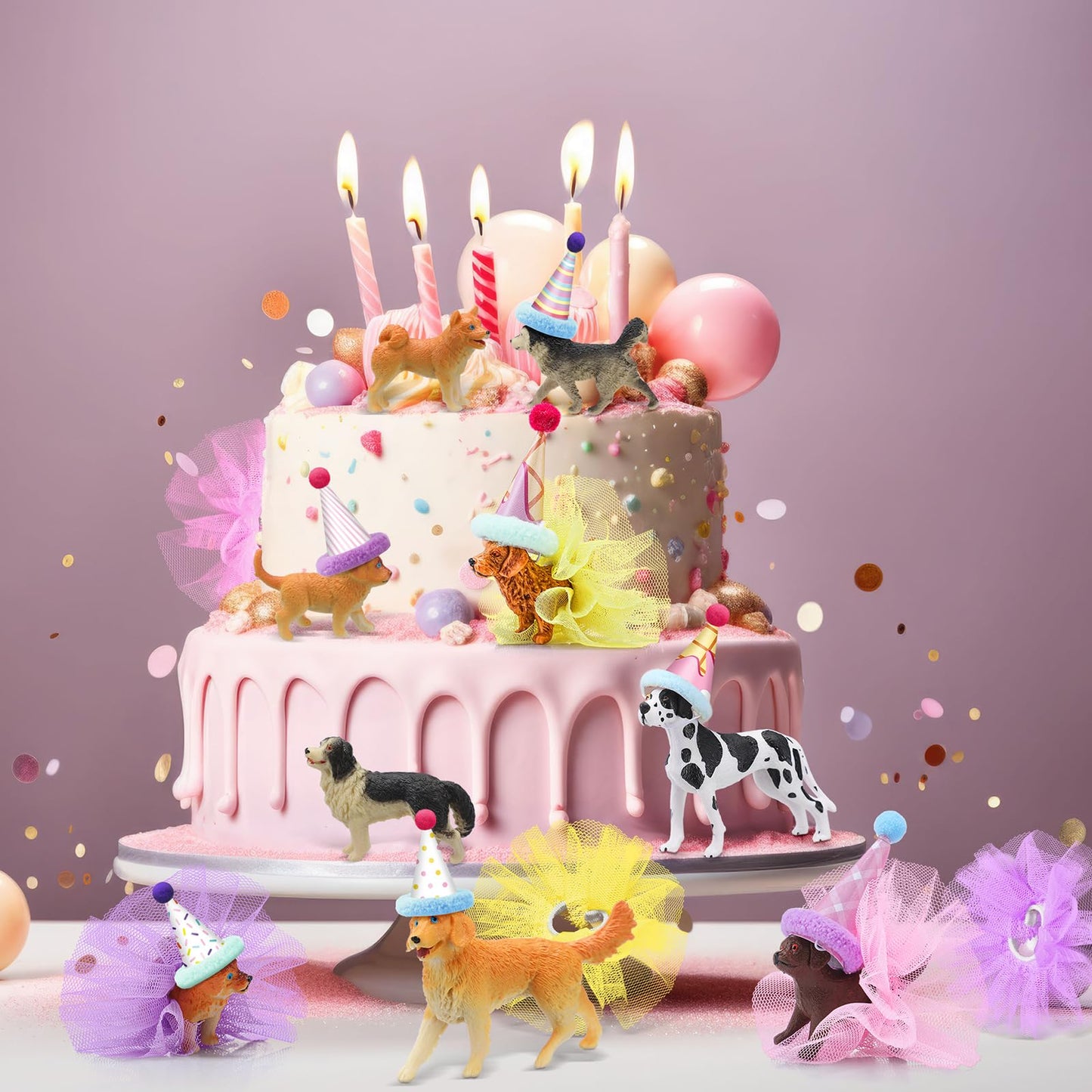 Weysat 27 Pcs Dog Cake Topper Animals Figures Birthday Party Decorations with Mini Hat with Pom Poms Puppy Dog Figure Cupcake Toppers Decoration with Mini Skirt and Hat for Puppy Animals Themed Party